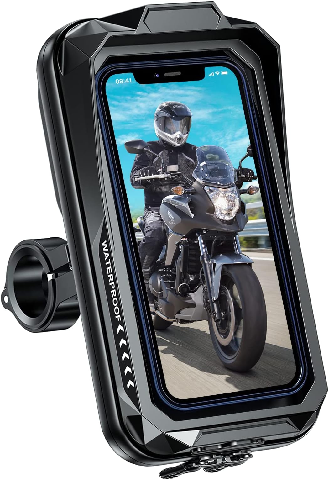 JUYANO Motorbike Phone Holder Waterproof Motorcycle Phone Mount Anti Vibration 360° Rotation Bike Phone Holder with Touch Screen Sun Visor, Handlebar Phone Holder for Smartphone 4.6" to 7.0"