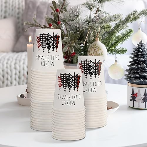 Miniatura 6 de Whaline 50 vasos desechables de Navidad, diseño de búfalo rojo y negro, diseño de árbol de Navidad, suministros rústicos de invierno para fiestas,
