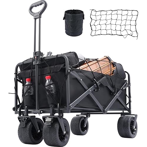 Collapsible Folding Wagon Cart with Wheels, 120L Foldable Wagon Cart 300LBS Heavy Duty, Portable Utility Wagon with All Terrain Wheels for Grocery Shopping Fishing Garden Sports Beach Camping Cart