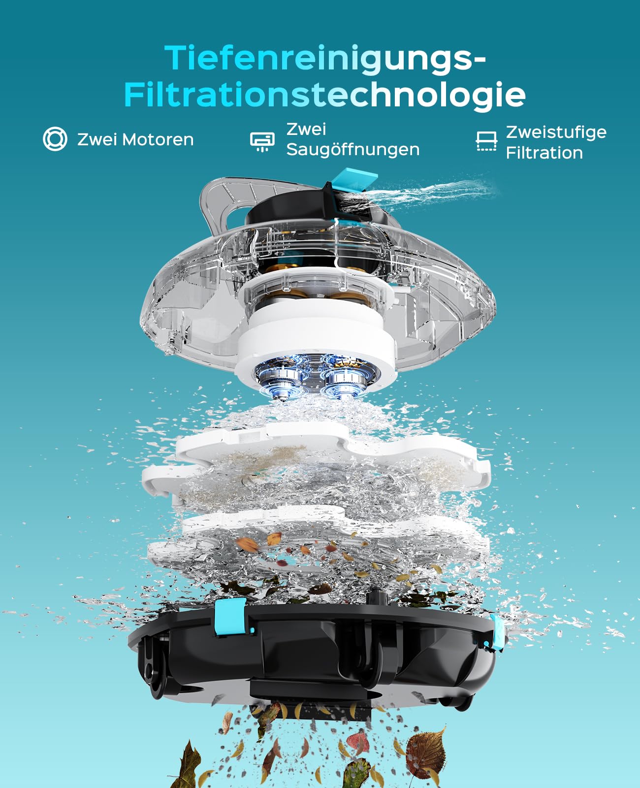 WINNY POOL CLEANER Winny 200 Poolroboter, Poolsauger kabellos mit Akku, 80 Min. Laufzeit, für Aufstellpools bis 60 m², Doppelfiltration, Automatisches Parken,Kompakt Leicht(Schwarz-Marine)