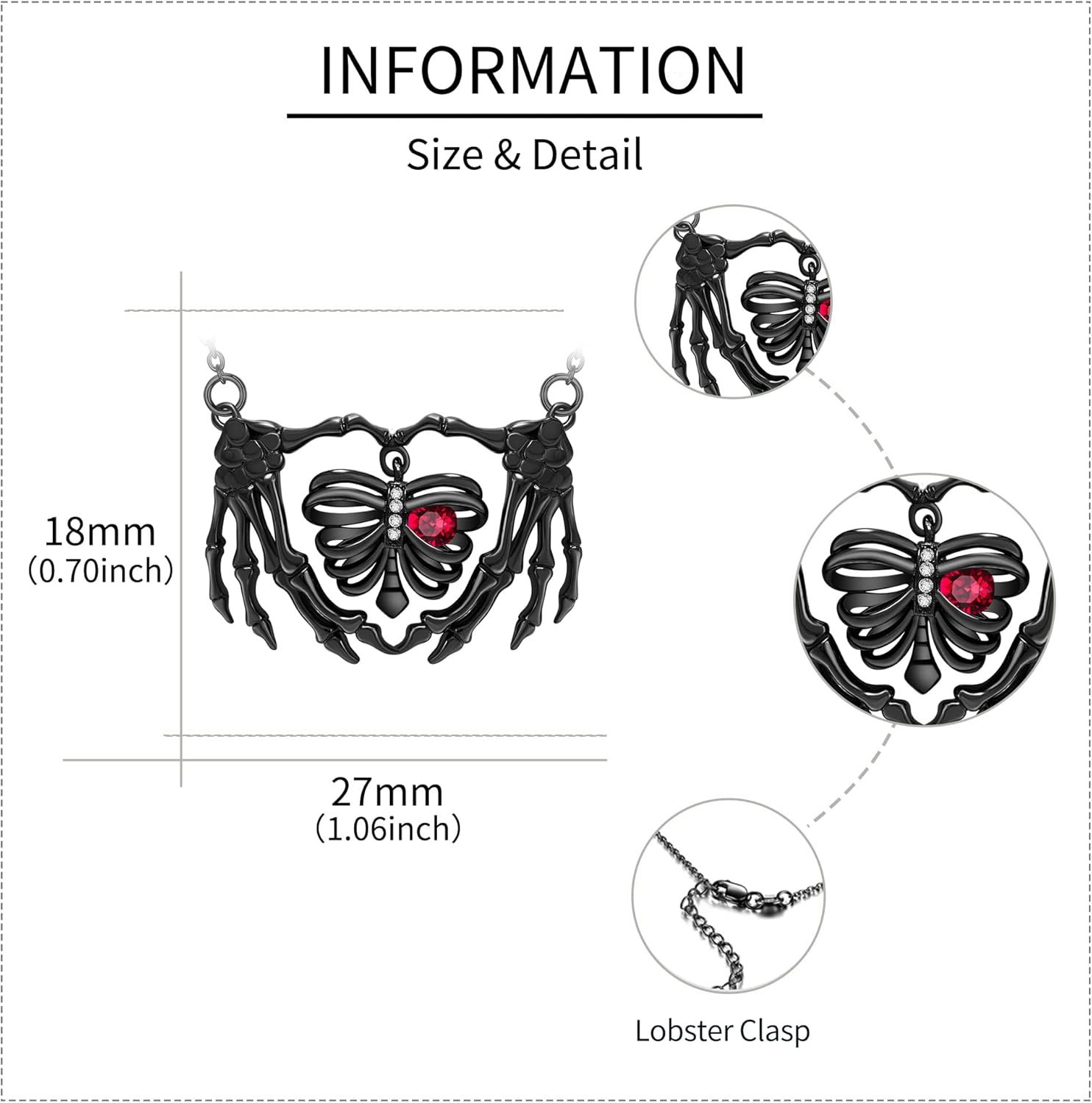 URONE Sterling Silver Rib Necklace Skull Rib/Skeleton Hand/Key/Coffin/Infinity Pendant Gothic Skull Jewelry Gifts for Women - Image 4