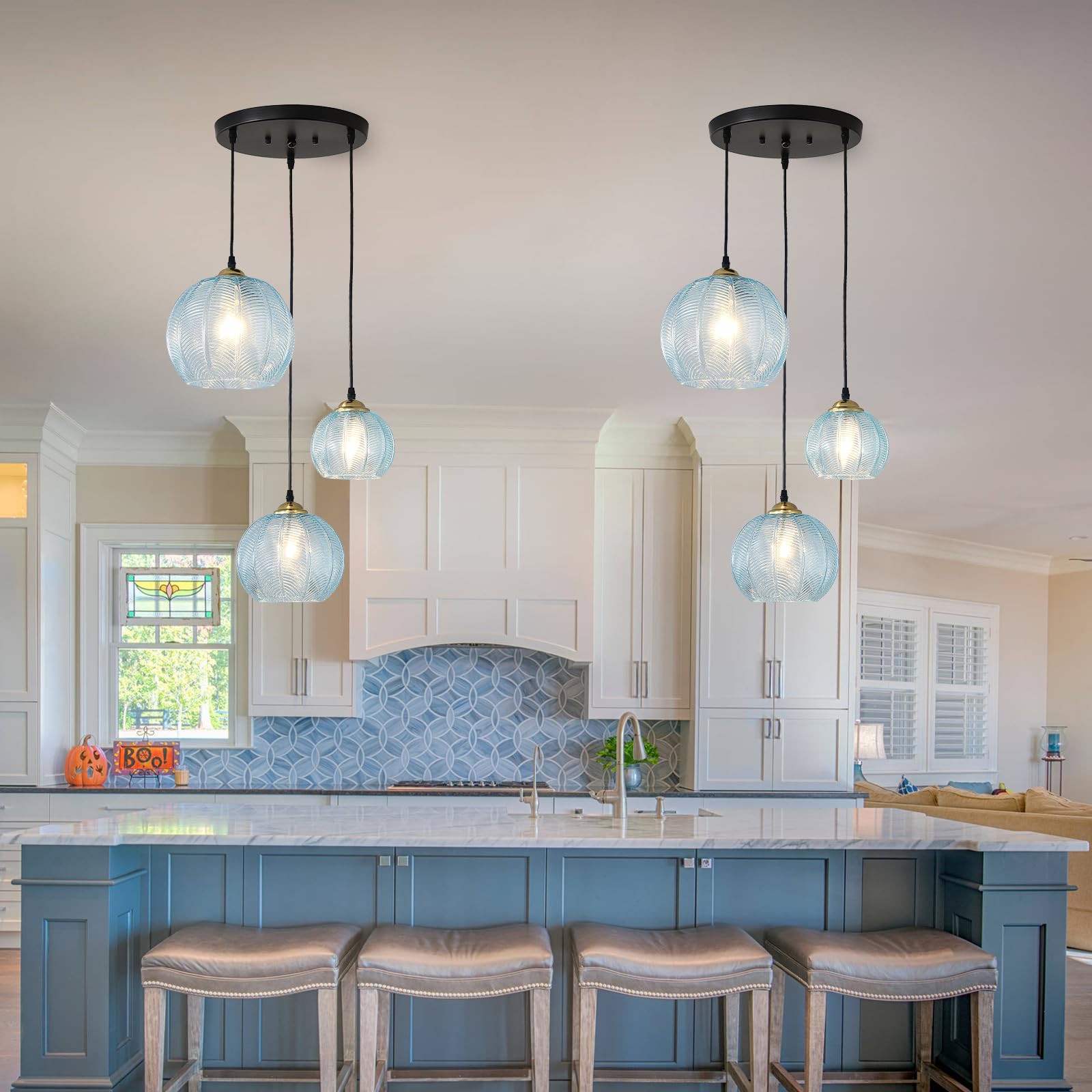 TESTOYS 3-Light Blue Cluster Glass Pendant Light, Hanging