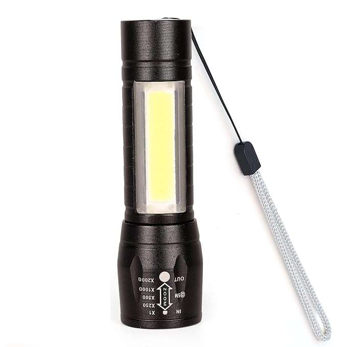 CARE 4 Rechargeable LED Flashlight with COB Work Light 3 Modes Waterproof Mini Torch with Hanging Rope, Zoomable Focus, Portable Camping & Emergency Light for Outdoor, Car, Home Use