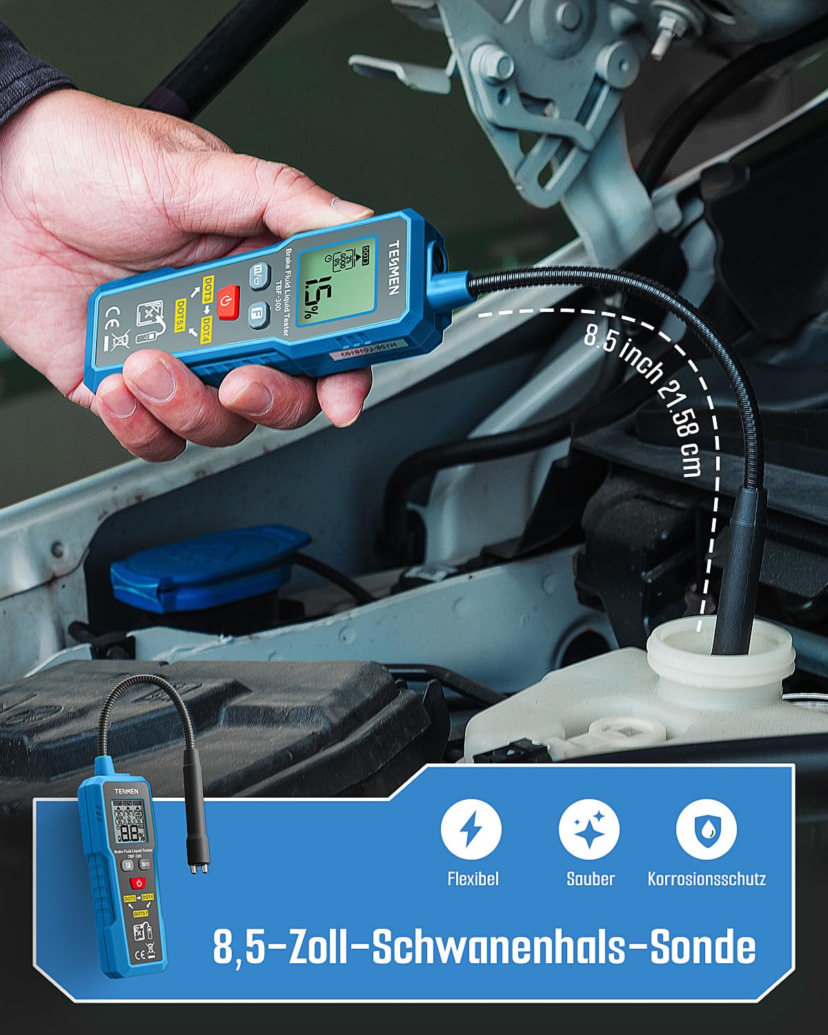 TESMEN TBF-300 Bremsflüssigkeitstester, 8,5" korrosionsbeständige Schwanenhals-Sonde, für DOT3/DOT4/DOT5.1, mit Licht, Datenhaltung & Hintergrundbeleuchtungsalarm – Blau