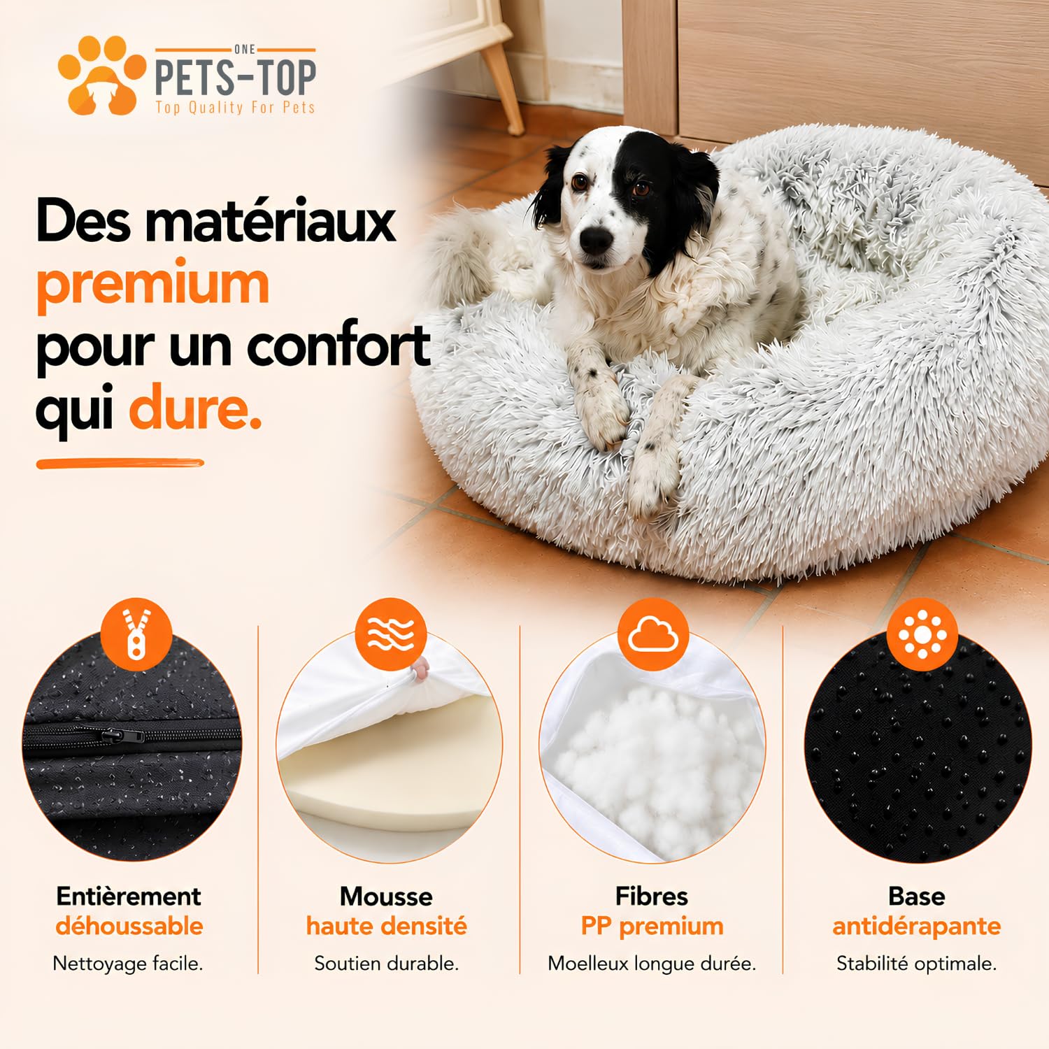 One PETS-TOP Panier Chien, Coussin Chien Dehoussable, Panier Chat Rond Lavable, Forme Donut, Matelas Apaisant Anti Stress 60cm Gris