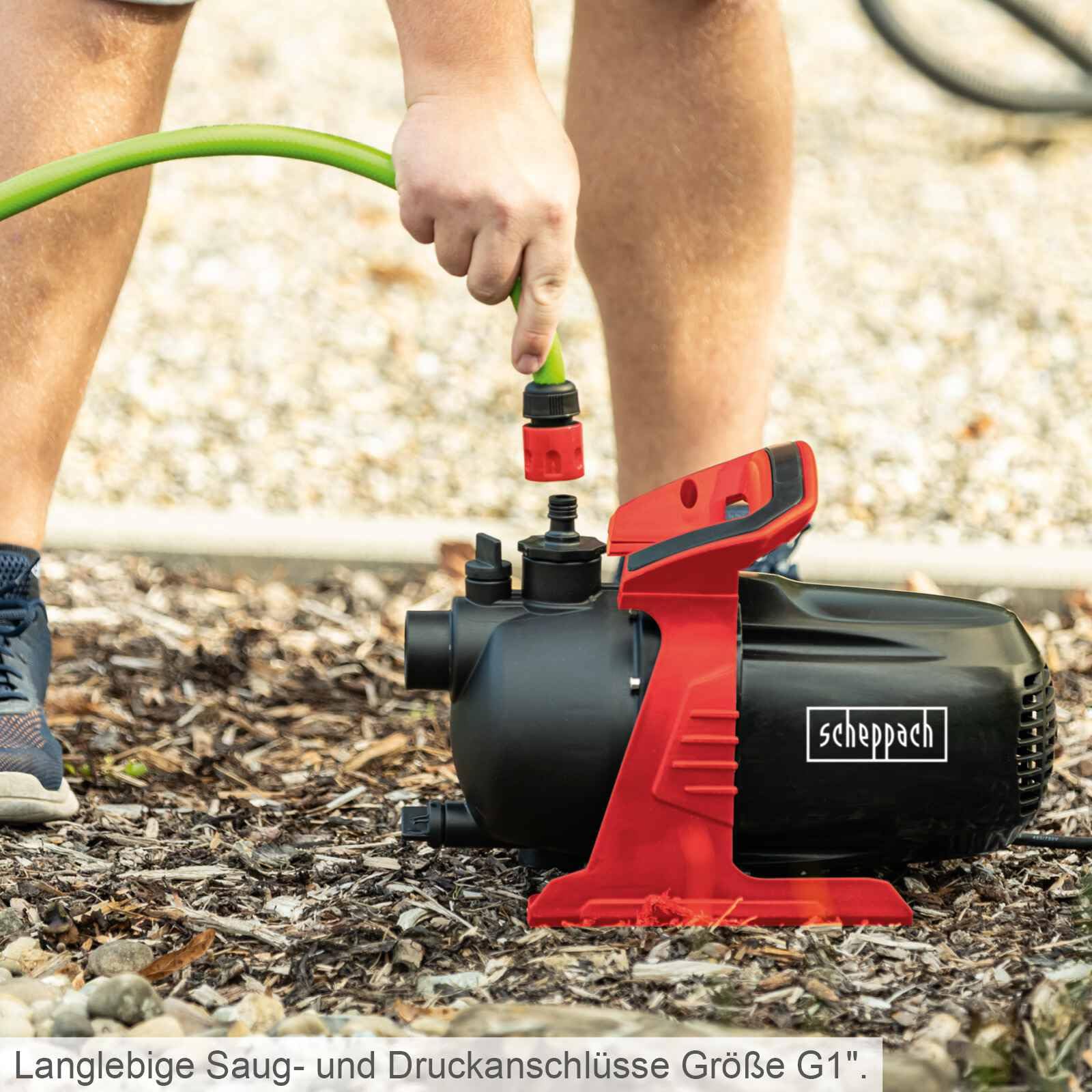 Scheppach Gartenpumpe GP650 | 3300 L/h Fördermenge | 600W Leistung / 3,5 bar Druck | 8m Ansaughöhe | 35m Förderhöhe | Druckanschluss G1" | Teichpumpe Gartenbewässerung | Wasserablass-/ Einfüllschraube