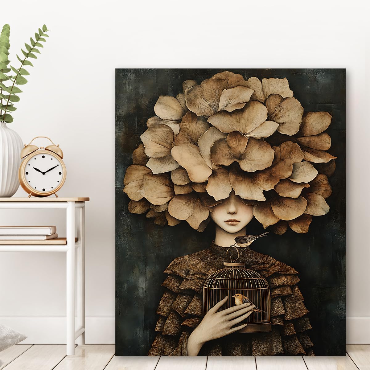 YUNART Vintage Dark Academy Wall Art Surrealismo Donna con foglie ginkgo Stampe di teste su tela Poster di pittura botanica antica Arredamento per la casa 75x95cm Telaio interno