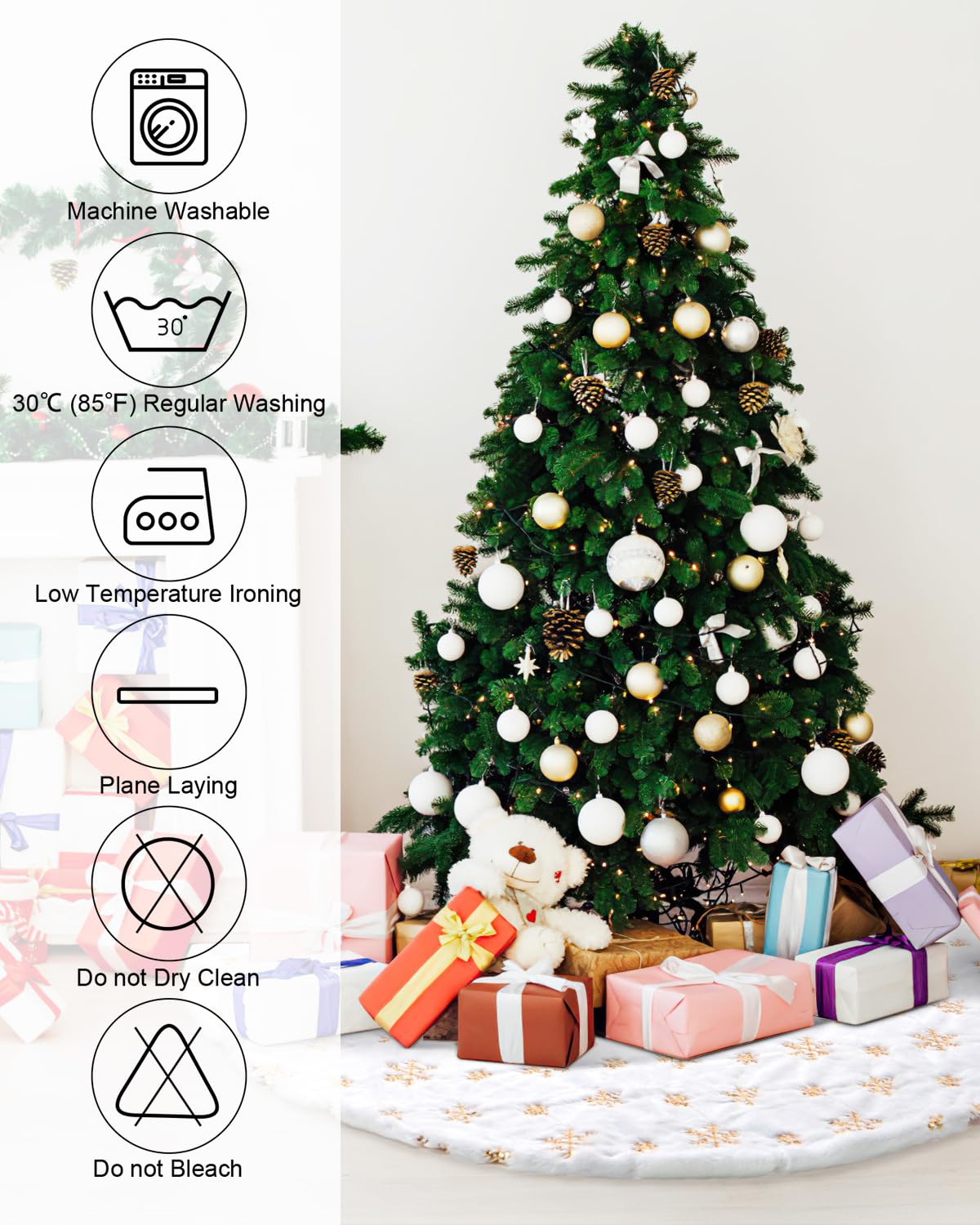 COOLWUFAN 48in 120cm Jupe de Sapin de Noël Blanc Doré Sequin Flocon de Neige