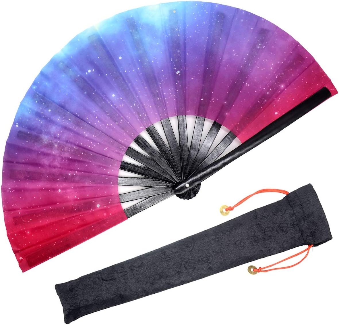 Bamboo Large Rave Folding Hand Fan for Men/Women - Chinese Japanese Handheld Fan with Fabric Case - for EDM Festival Party, Performance, Decorations, Gift (Galaxy Stars)