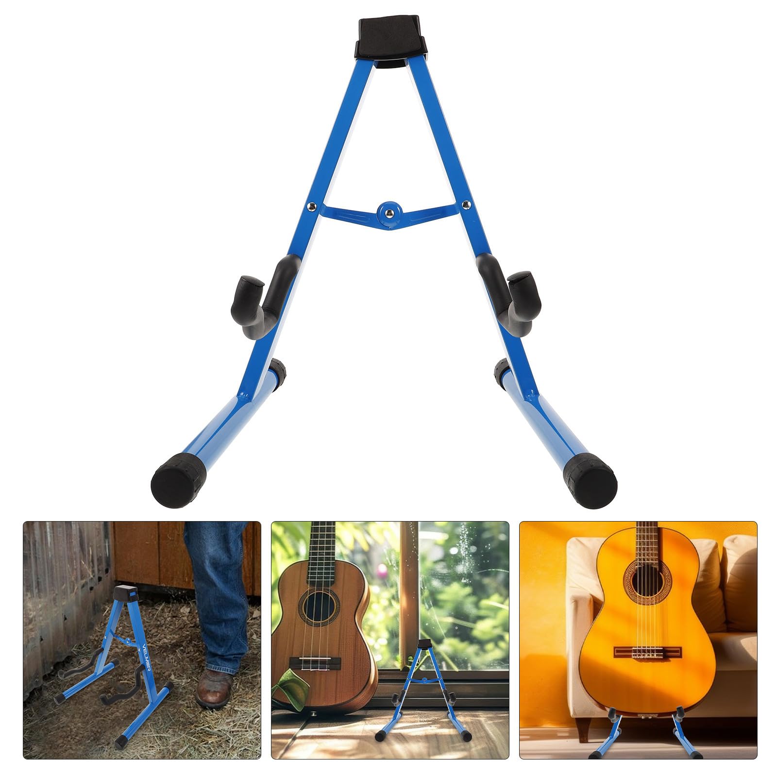 PRETYZOOM Supporto per Chitarra Singolo Pieghevole in Ferro Blu Resistente alla Deformazione Base in Gomma per Musicisti e Chitarre Acustiche e Bassi