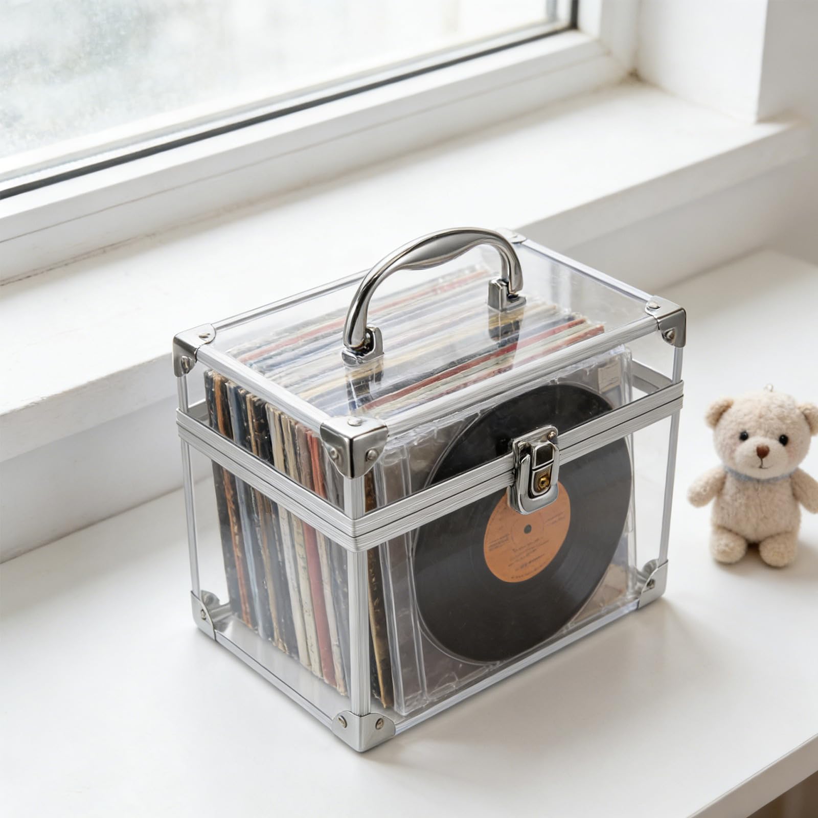 Aufbewahrungsbox 22,5x16,5x15cm Acryl für Schallplatten und Cds mit Griff Leichter Schutz und Modernes Design für Zuhause und Partys