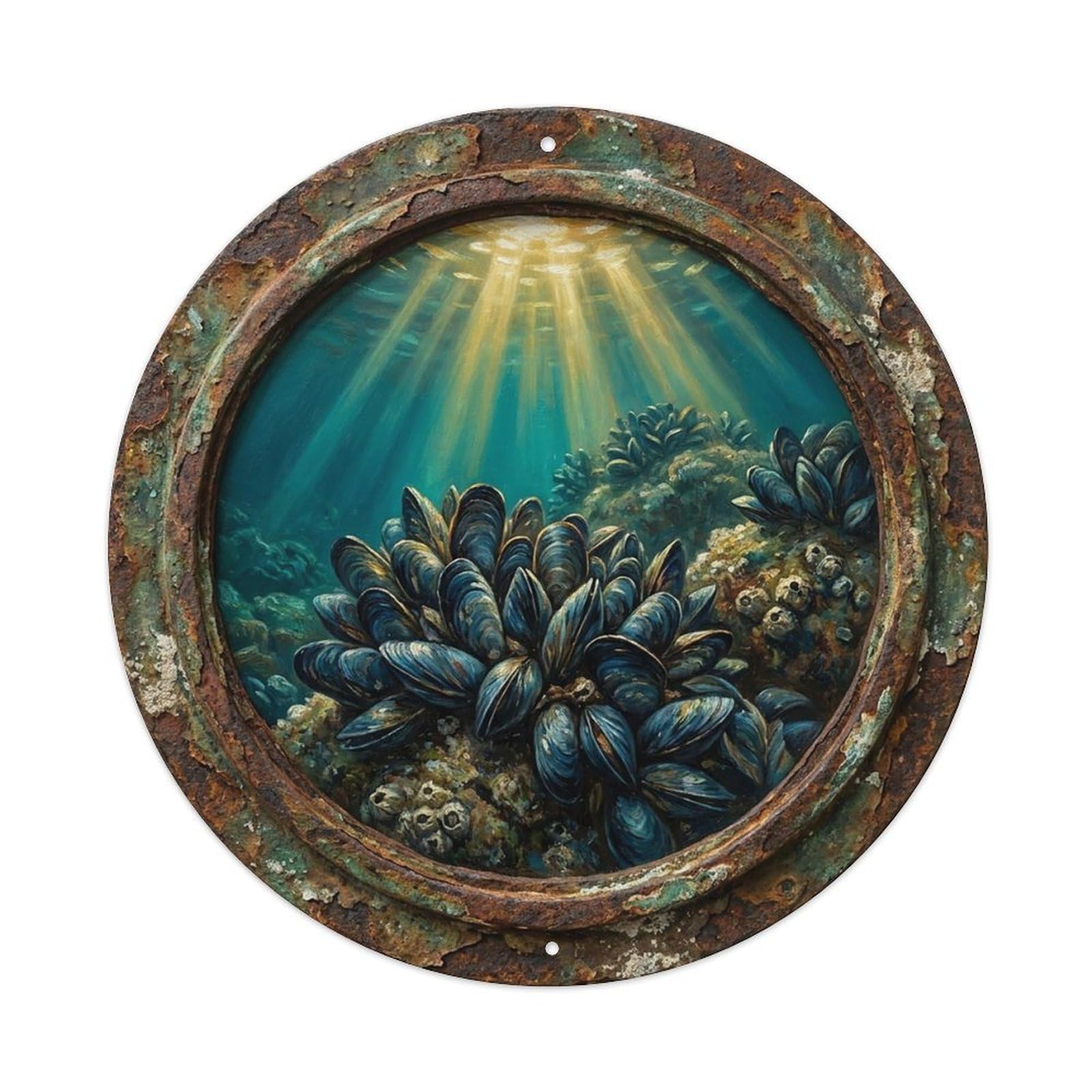 Vintage Porthole Mussel Colony Ship Window Under Deep Metal Tin Sign