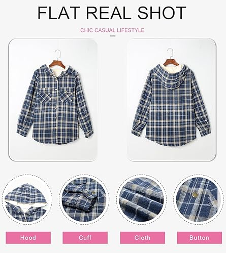 Miniatura 5 de Dokotoo - Chaqueta para mujer, manga larga, con botones y capucha, de vellón, cálida, a cuadros