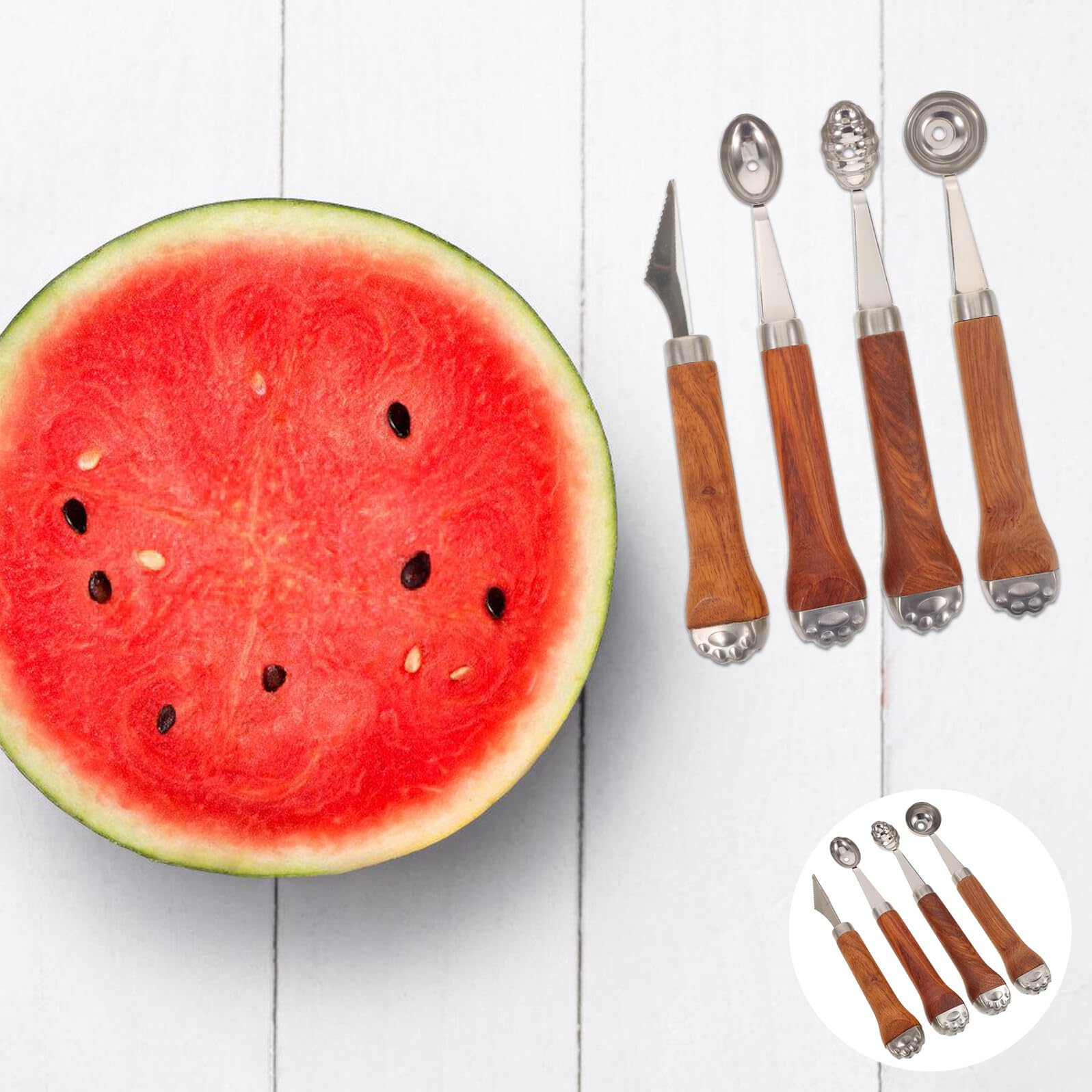 Juego de Herramientas para Frutas de Acero Inoxidable 4 Piezas con Mango de Madera Forma Pata de Gato Cuchara Sacabolas Melón y Cortador Tallado Multifuncional para Cocina y