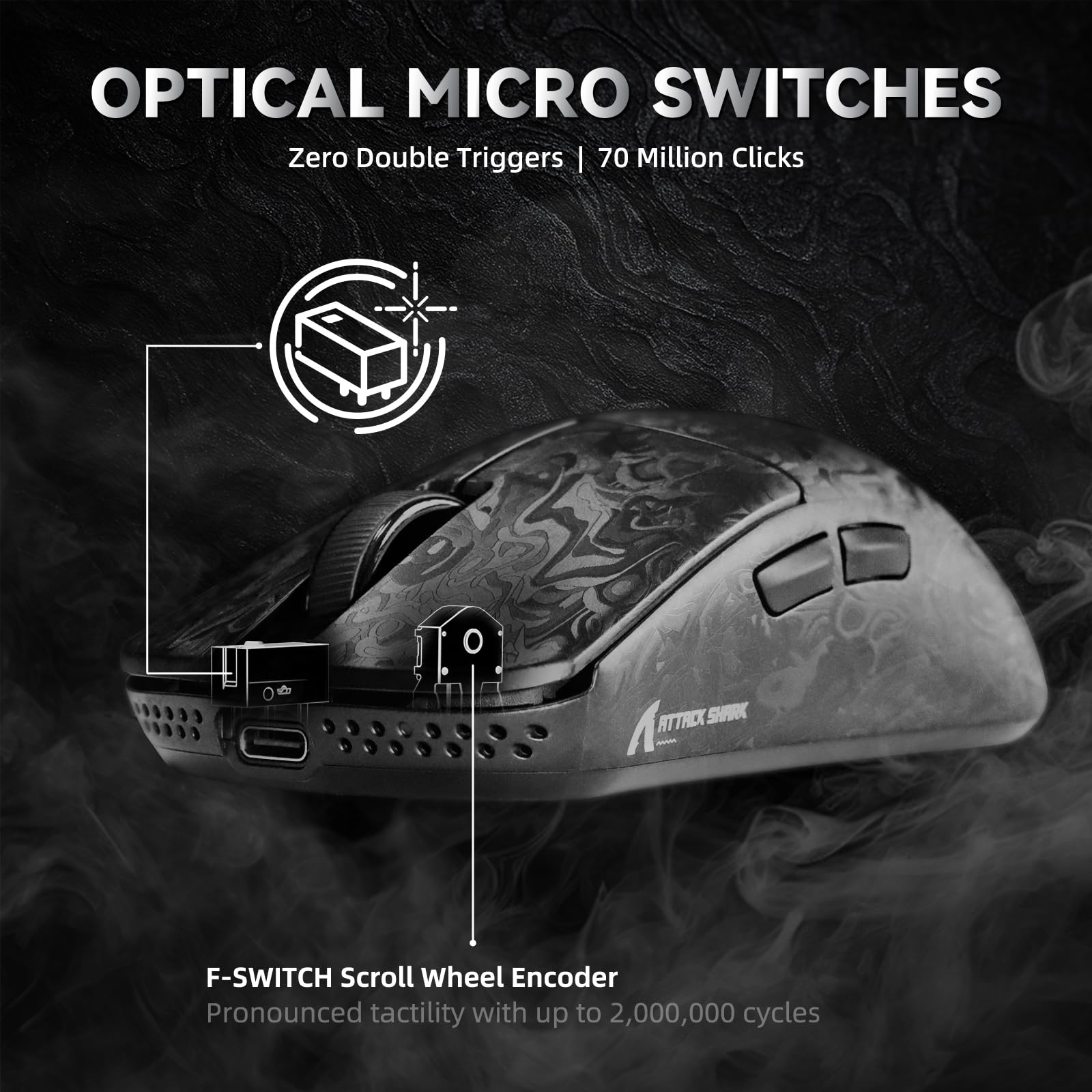 ATTACK SHARK R11 ULTRA Ratón Inalámbrico para Juegos de Fibra De Carbono con Spiral LED Cable, 8000Hz, 49g Peso Ligero, PAW3950MAX, 42000 DPI, Chip Nordic 52840, Nanometal Ice Coating, Negro Forjado