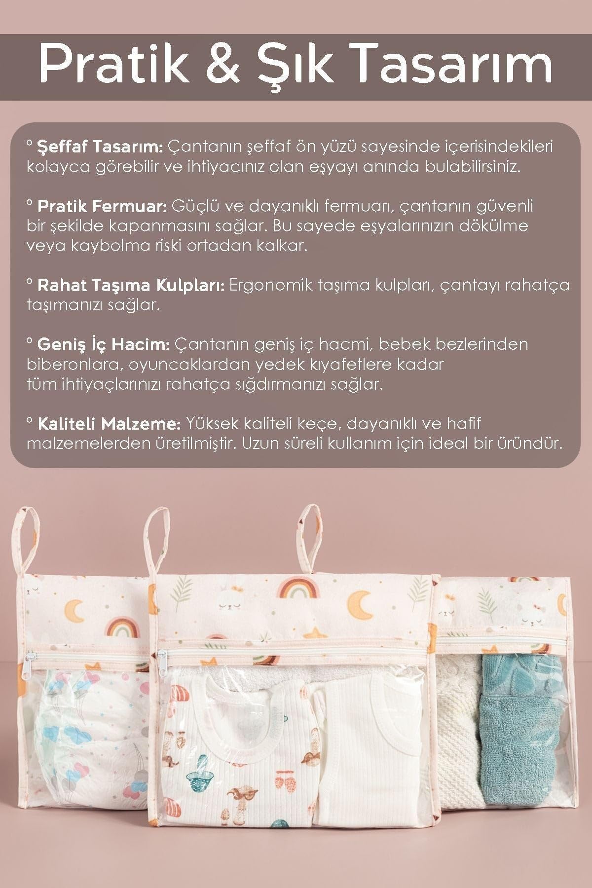 Meleni Baby 4'lü Yeni Doğan Hastane Organizer Set - Bebek Alt Bakım Çantası - Fermuarlı Şeffaf Valiz Düzenleyici