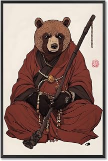 Buddha Bear Spiritual Framed Poster Meditative Bear In Red Monk Garb Canvas Wall Art Wooden Staff With Dangling Beads Prints Painting For Home Bedroom Dorm Wall Decor 24x36in Framed