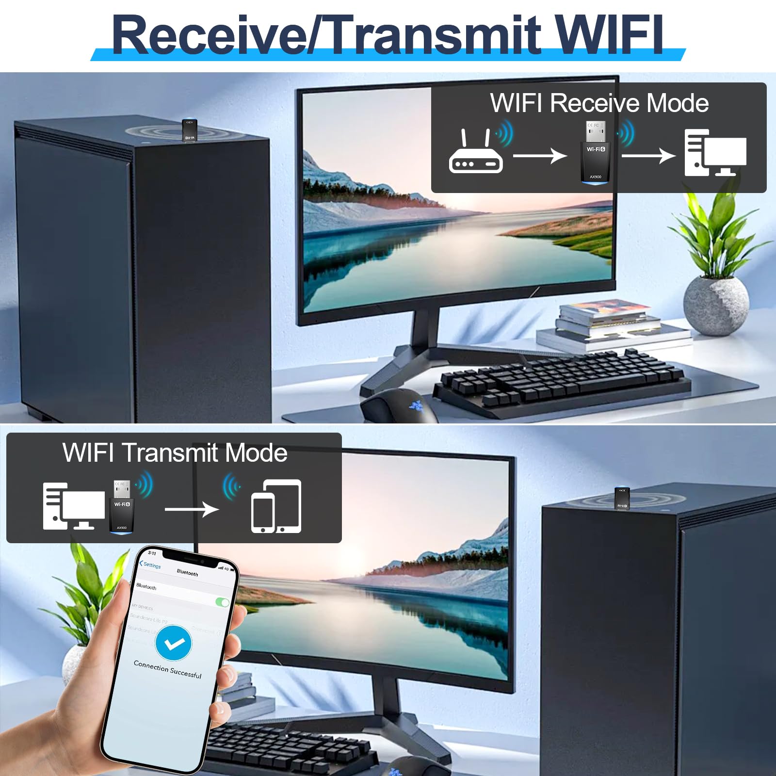 Chiavetta Wifi AX900 WiFi 6 Dual Band 5GHz 2,4GHz Adattatore USB per PC Fisso Supporta Windows 7/10/11