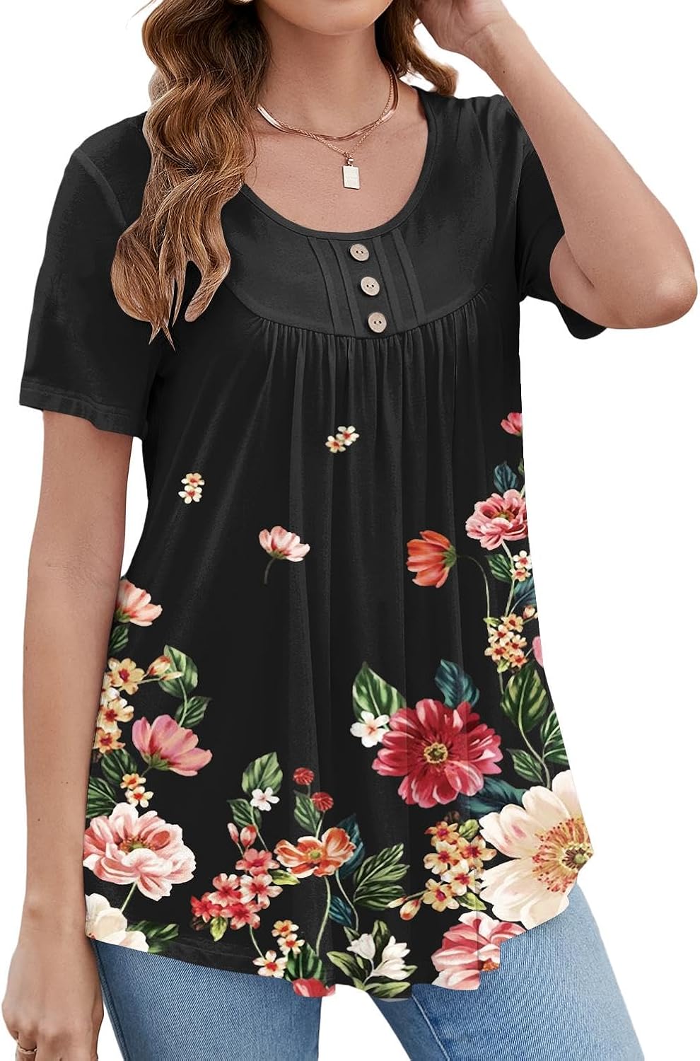 BeadChica Women's Tunic Tops To Wear With Leggings Short Sleeve Shirts Botton Up Casual Ruched Blouses Clothing Floral-XL - Image 3