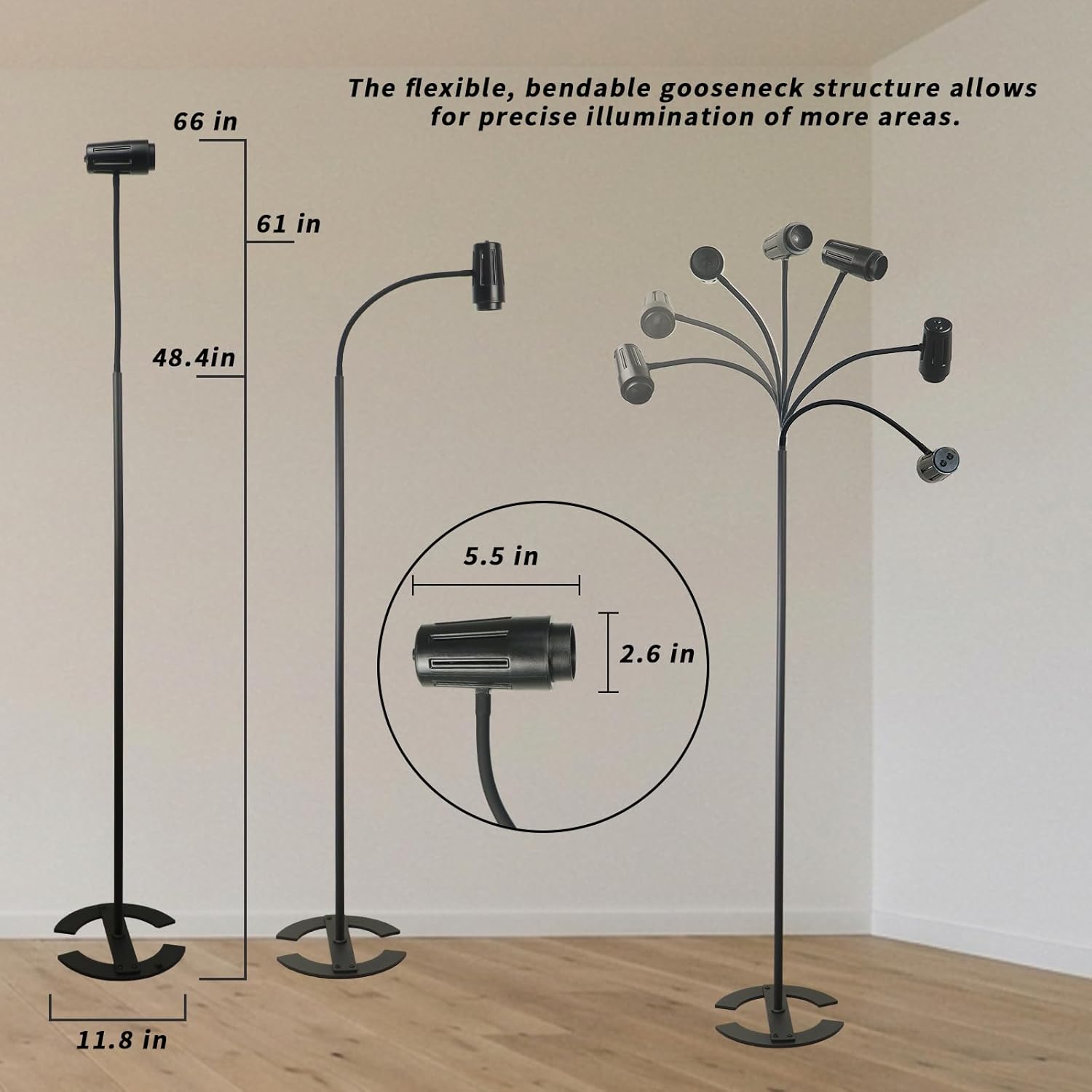 Reading Floor lamp Standing gooseneck Flexible Floor Spotlight Light Over Chair Adjustable dimmable 66'' for Office Task Living Room