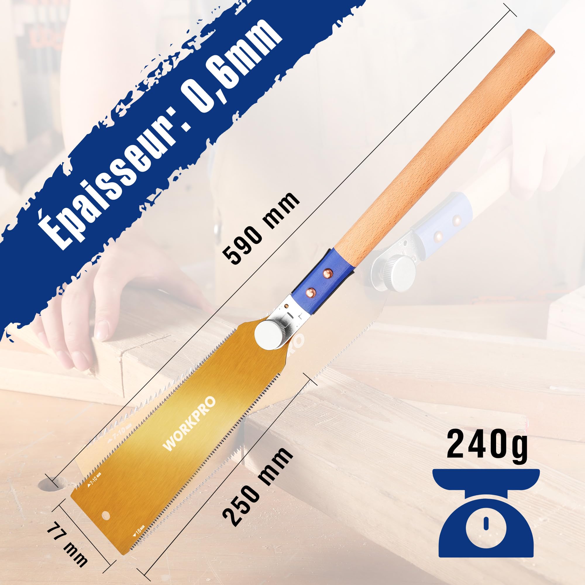 WORKPRO Scie Japonaise 250 mm, Scie à Main à Double Tranchant de 7-10/18 TPI, Scie à Traction avec Poignée Ergonomique en Hêtre, Lame Flexible Remplaçable SK5, Scie Japonaise Menuisier pour bois