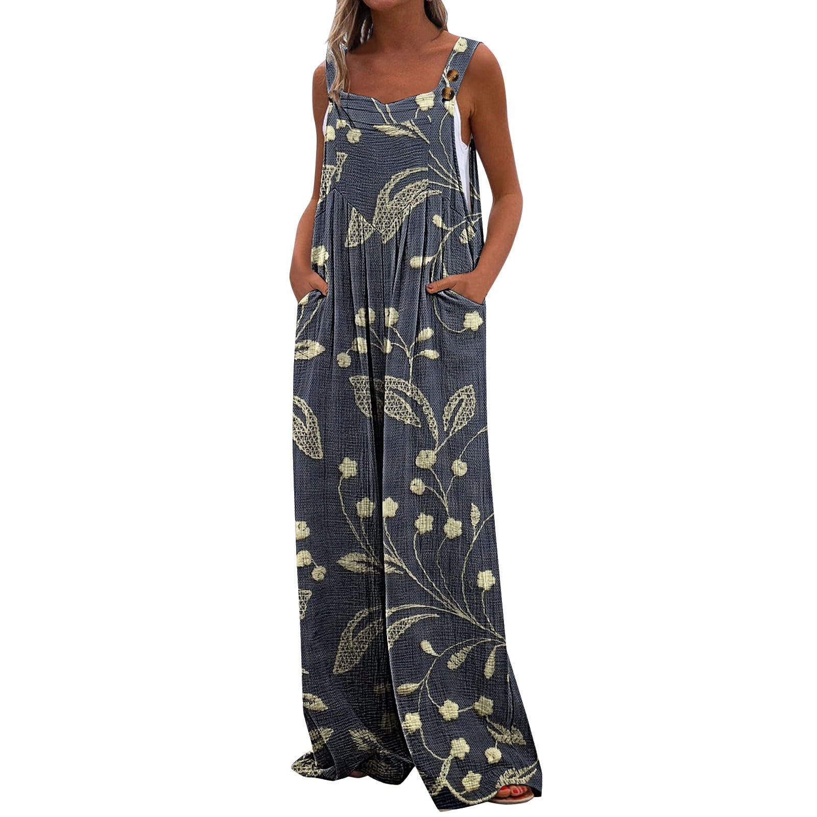 Salopette estive da donna, leggera, vintage, boho, con tasche | Pagliaccetto a gamba larga, con stampa floreale, stile casual, senza maniche, per vacanze e tempo libero