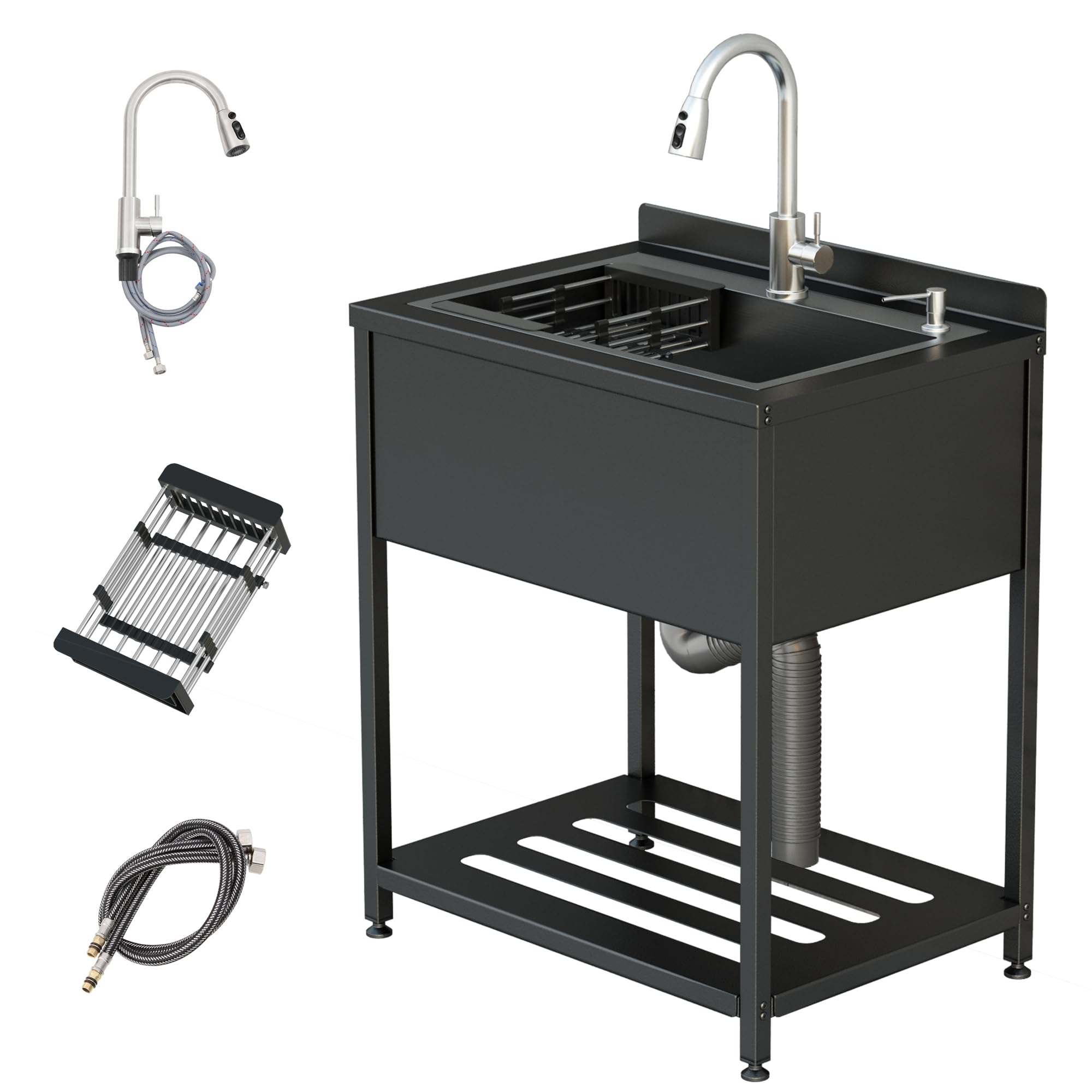 Stainless Steel Utility Sink, 25.7" × 20.7" × 39.5"Freestanding Sink with Cold and Hot Water Faucet,Hoses and Drain Kit for Kitchens, Bathrooms, Garage, Laundry Room