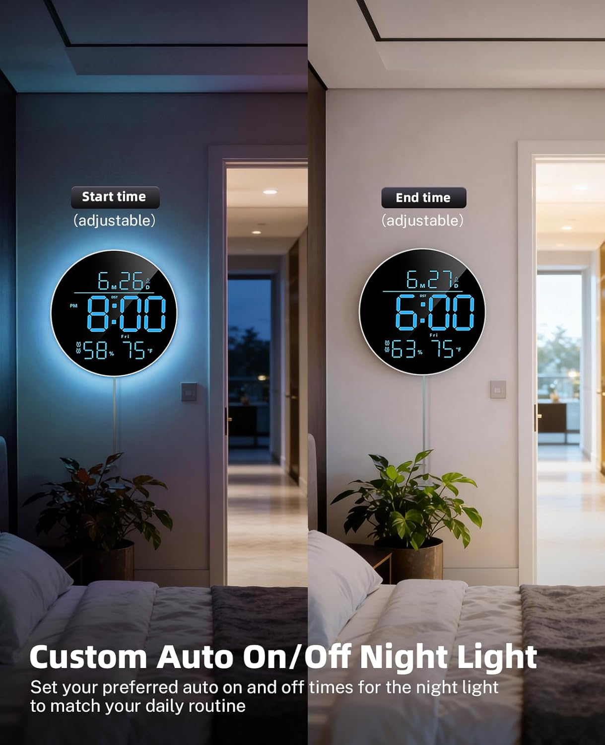 Digital Wall Clock for Classroom, Bedroom, Round 10-Inch Clock Large Display with RGB Color, Night Light, Remote Control, Temperature, Auto Brightness, Volume Control (Adapter Included)