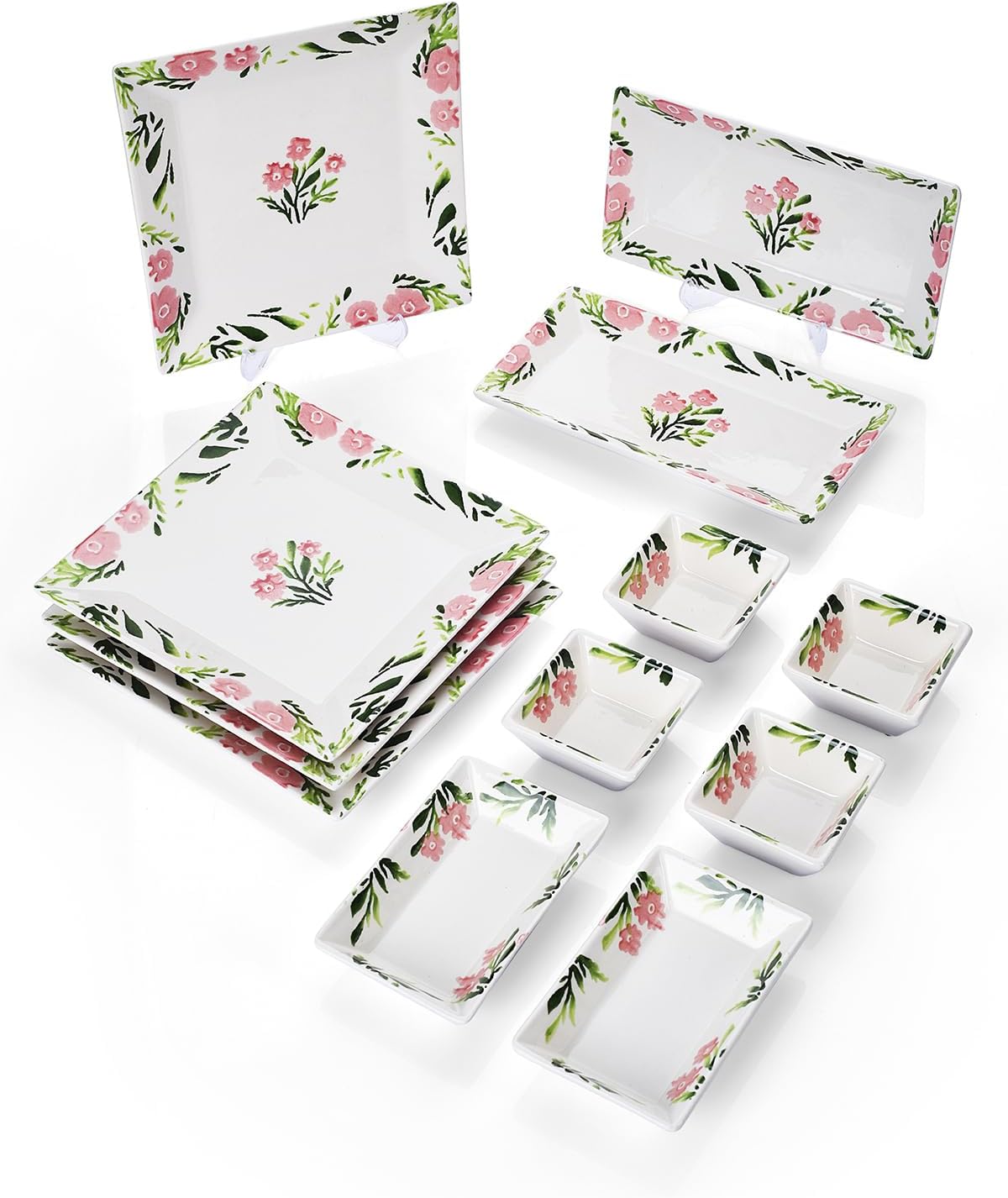 Breakfast Set 12 Piece Ceramic Spring Design for 4 People Handmade Serving Plates White Floral Theme - Multicolor, One Size