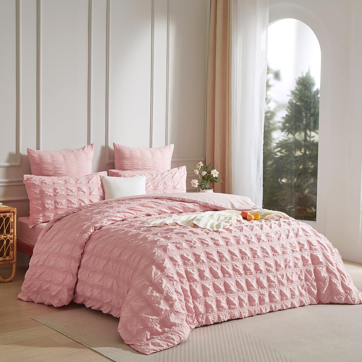 Luofanfei Biancheria da letto in seersucker, 155 x 220 cm, rosa, estate, fresca, a righe, motivo a quadri, traspirante, leggera, copripiumino singolo e federe 80 x 80 cm, con chiusura lampo