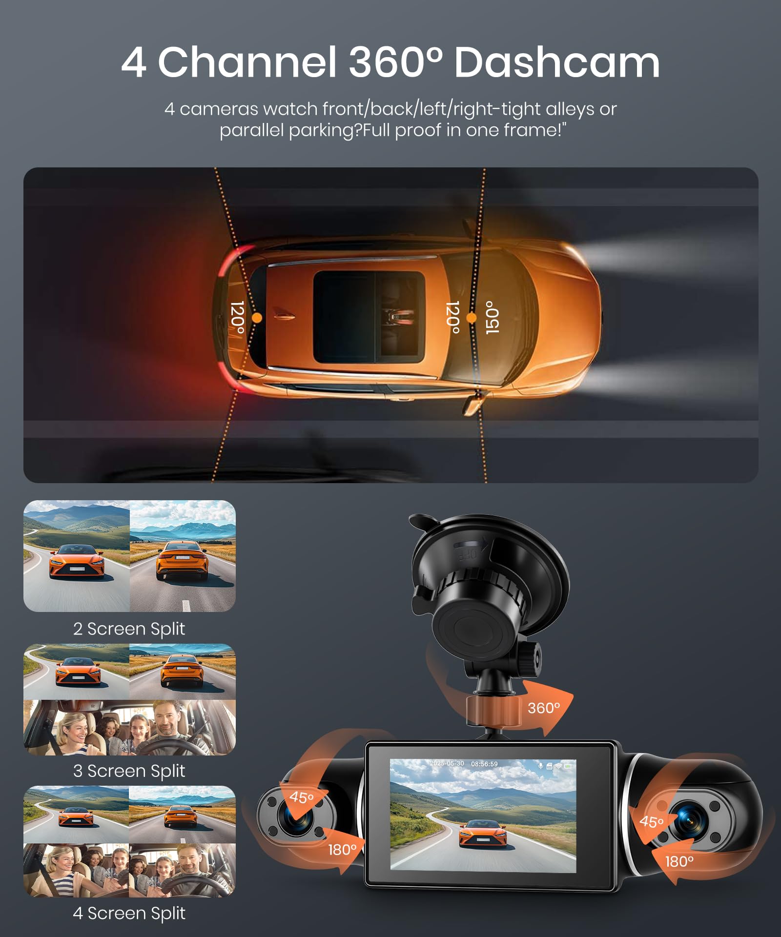 360° 4 Canales WiFi Dashcam para Coche 2K+1080P, Delantera y Trasera Izquierda Derecha, 3 Pulgadas IPS WiFi Dash CAM con Visión Nocturna 8 IR WDR/Control de App/Vídeo en Bucle/24H Monitor/G-Sensor