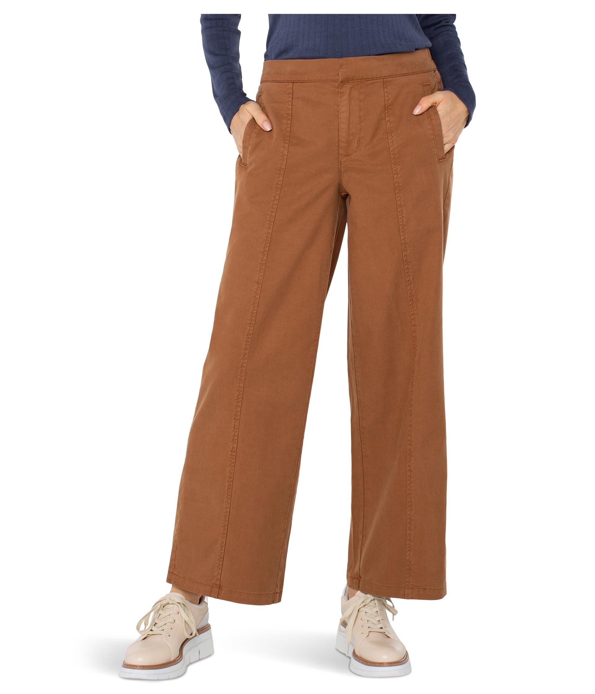 Liverpool Womens Mid-Rise Wide Leg Trousers with Elastic Back Waistband