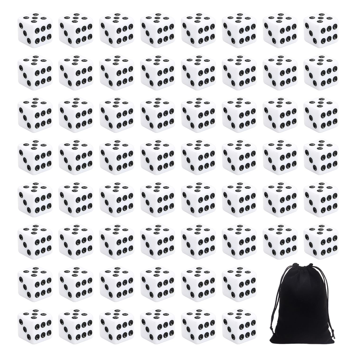 60 Dados, 1 Bolsa De Almacenamiento Negra, Dados De Plástico De Seis Caras, Dados Negros con Puntos Blancos, Dados para Juegos De Mesa, Accesorios para Juegos