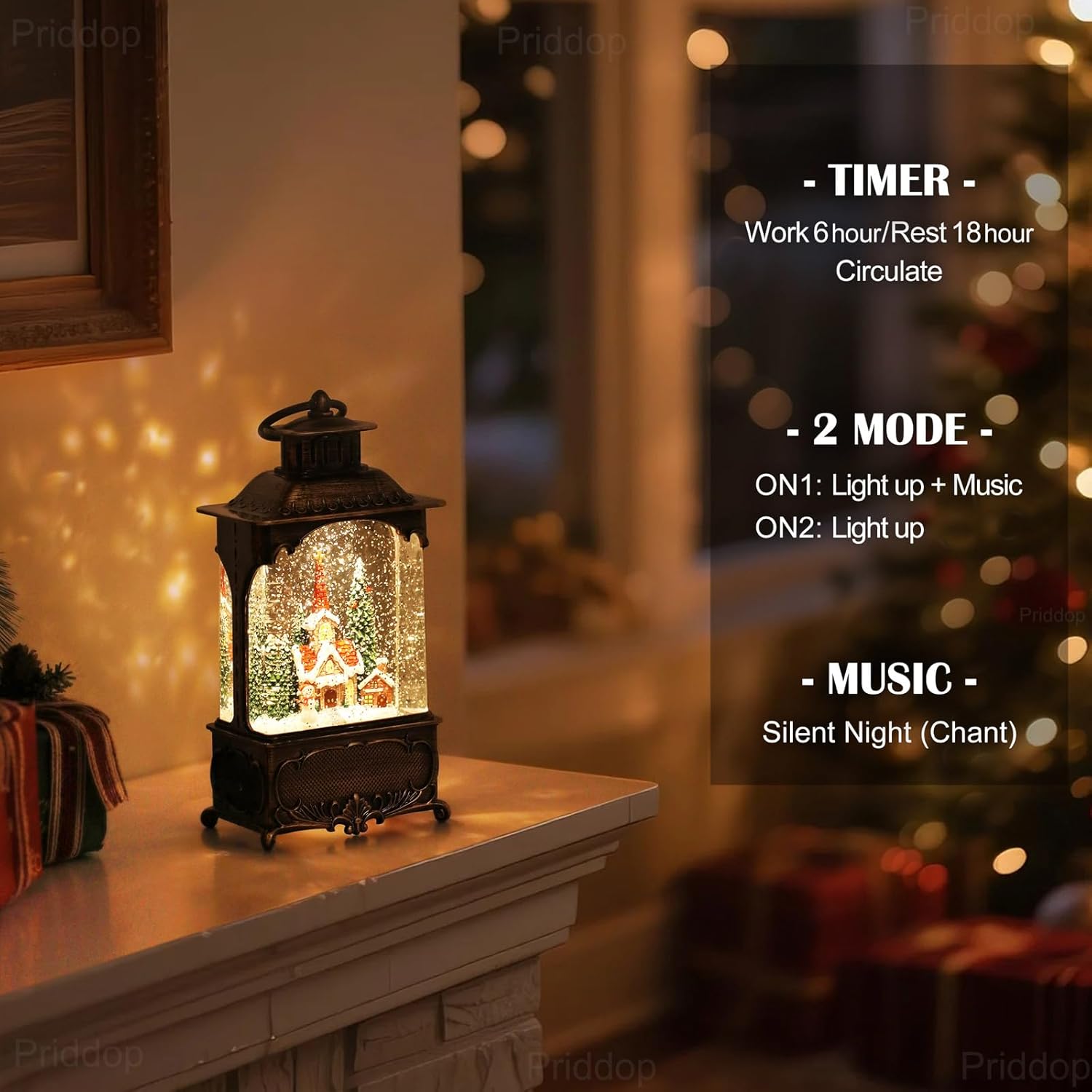 Church Snow Globe Christmas Decorations Gifts Snowman Cabin Cardinal Tree USB/Battery Timer Music Glitter Snowfall Lantern 10.2 inch - Image 4