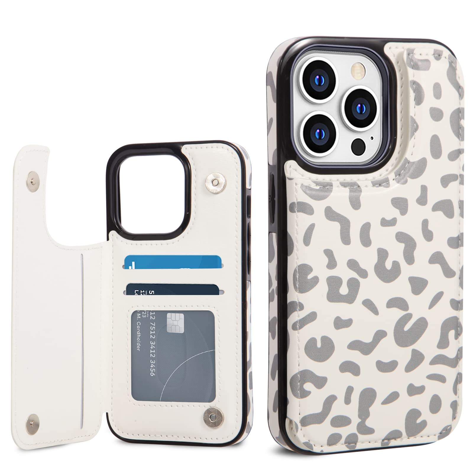Wallet Case Compatible with iPhone 14 Pro 6.1 inch, KSWNG Slim Protective Case with Card Holder, Flip Soft PU Leather Magnetic Durable Shockproof Cover (White Leopard)