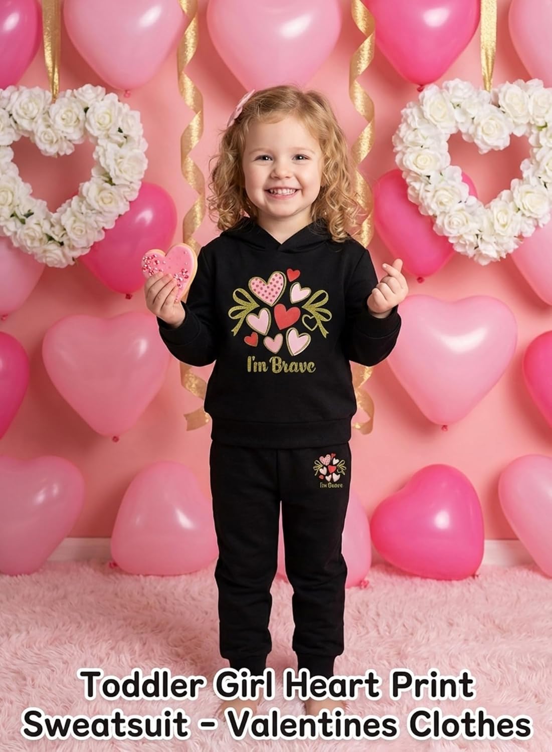 Toddler Girl Heart Print Sweatsuit - Valentines Clothes Cute Kids Hoodie Sweatshirt Pants Set Fall Winter Outfits - Image 2
