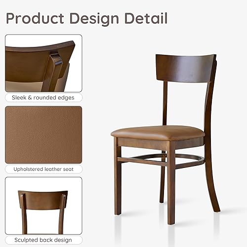 Miniatura 4 de Livinia Mint - Juego de 2 sillas de comedor, asiento tapizado de piel sintética de roble malasio sólido, sillas laterales rectas (nogal)