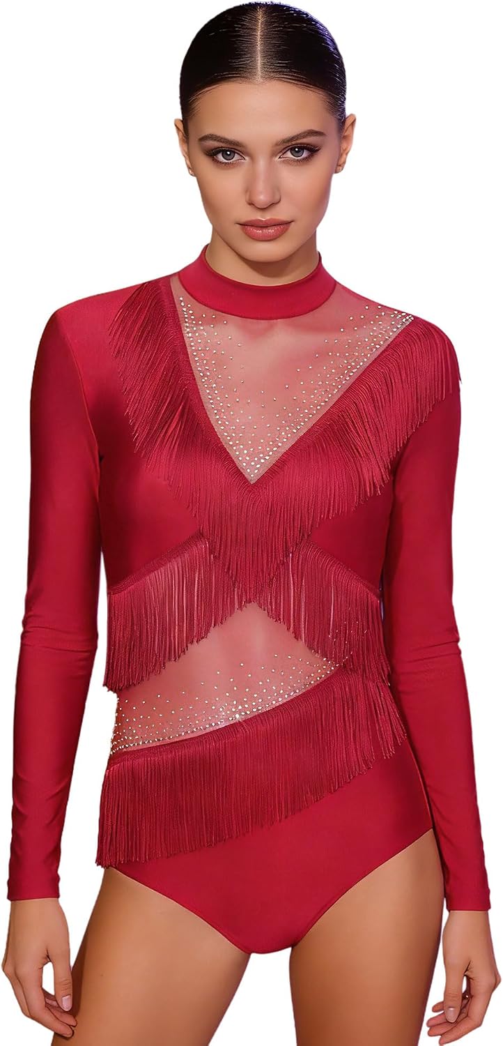 Women Shiny Rhinestone Long Sleeve One Piece Gymnastics Bodysuit Latin Jazz Cha Cha Dance Costume
