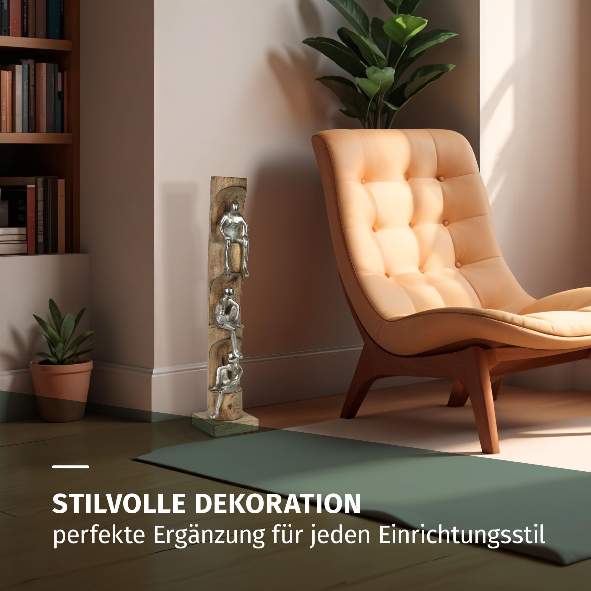 Figurka dekoracyjna Perspective srebrna 50 cm z drewna mango i aluminium nowoczesna rzeźba z trzema siedzącymi figurkami, symbol refleksji, spokoju, rękodzieła, dekoracja, obiekt artystyczny, pomysł