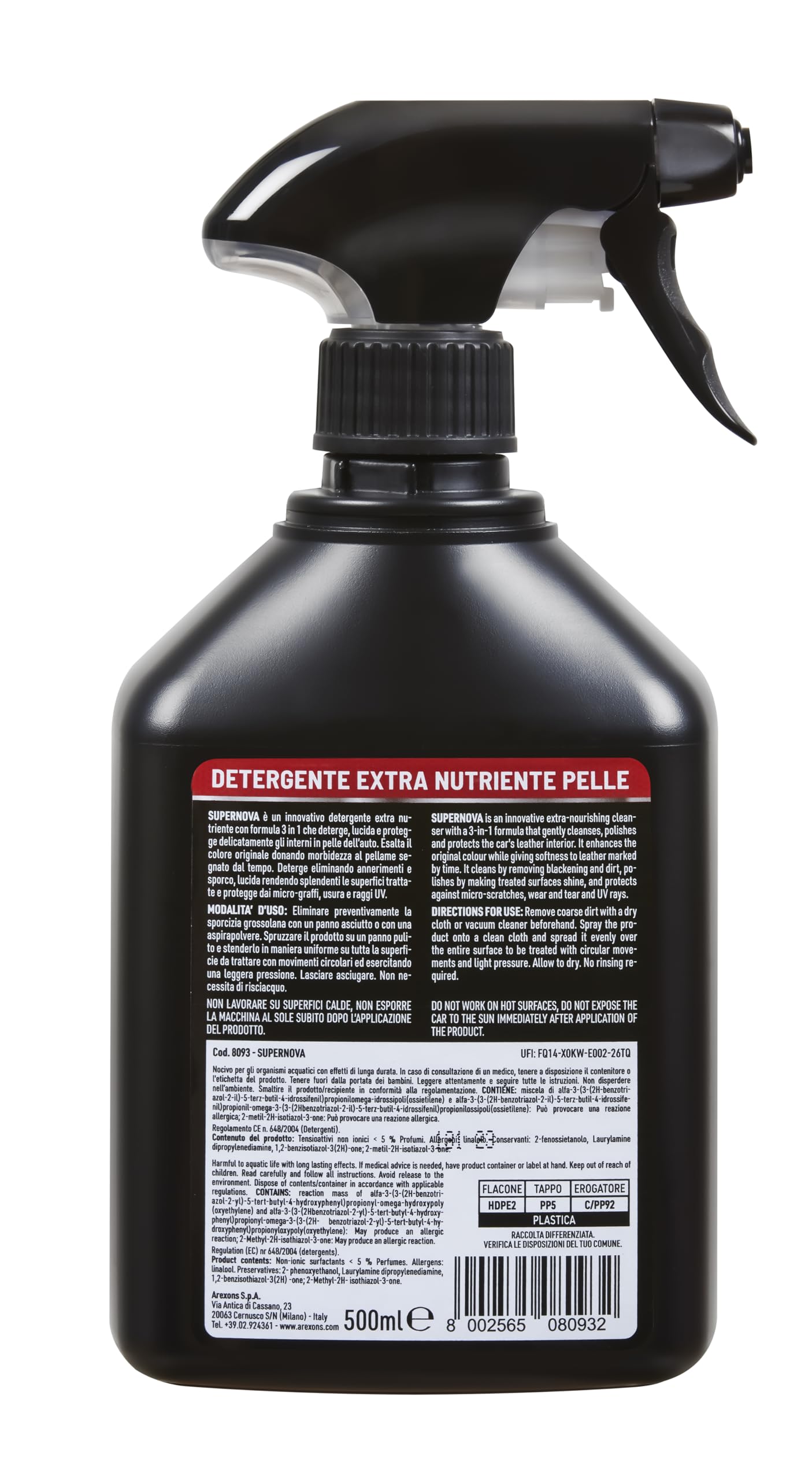 Arexons Car Care Pro SUPERNOVA - Detergente Pelle Extra Nutriente, Lucida e Protegge Interni in Pelle, 500ml
