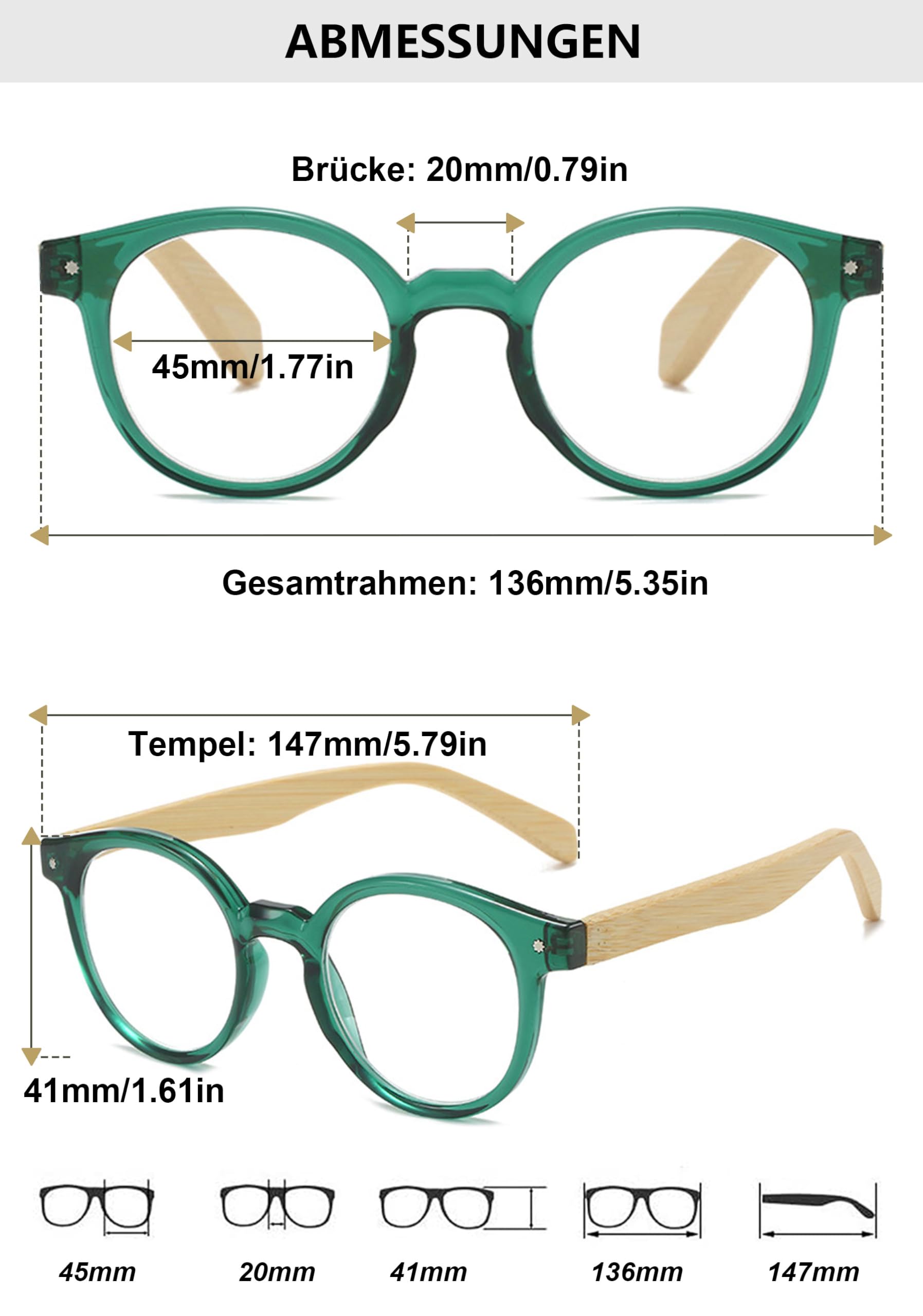 Lanomi Oval Reading Glasses Men Women Compact Round Eyeglasses Wooden Arm Readers Green 1.5 - Image 2