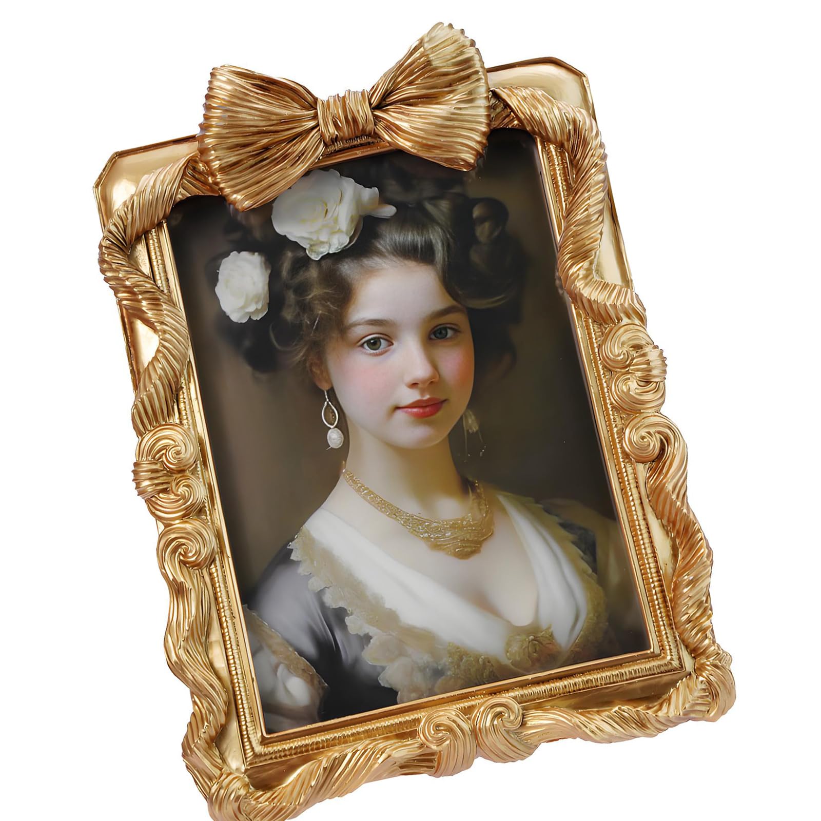 Ornate Resin Photo Frame Antique Gold Bow Accent with Carved Border for Portrait Display on Tabletop or Wall Decor Decorative Picture Frame Ornate Carved Resin Photo Old Gold Portrait Tabletop Wall