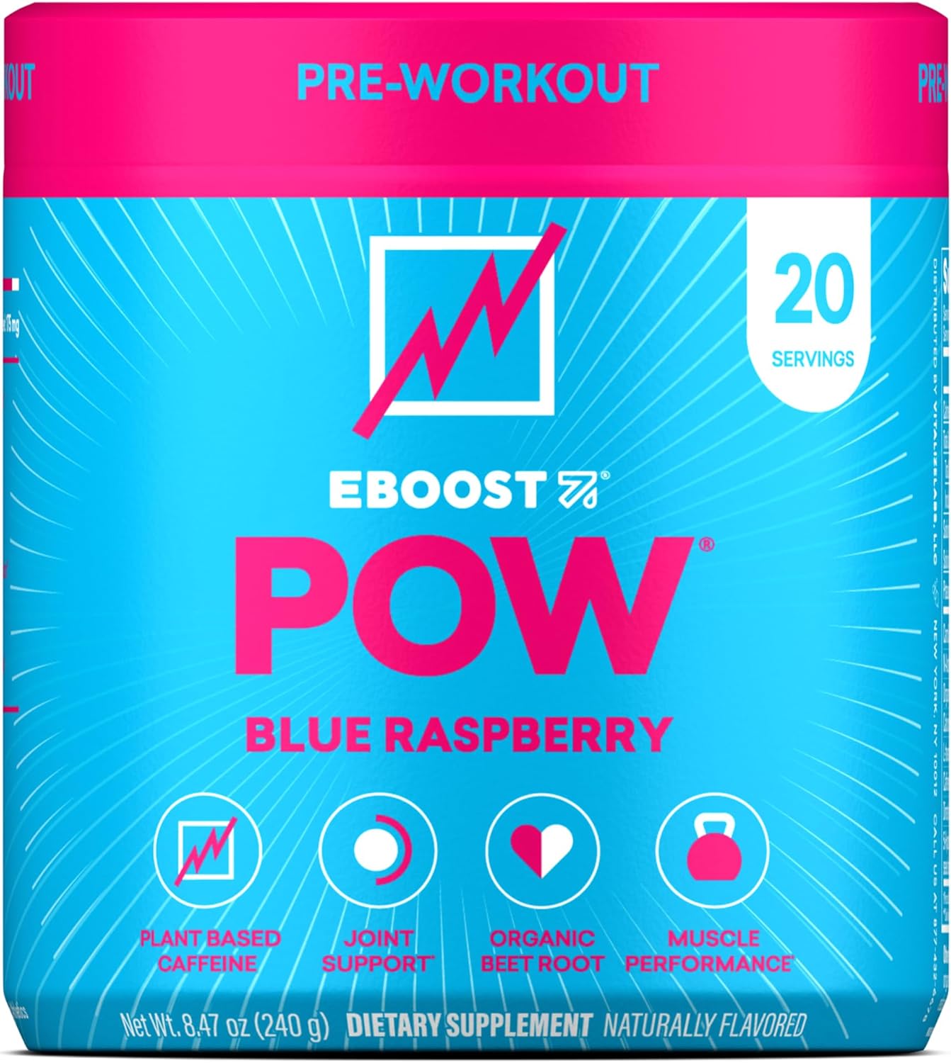 EBOOST POW Natural Pre Workout Powder – 20 Servings - Blue Raspberry - A PreWorkout Supplement for Performance, Joint Mobility Support, Energy - Men and Women - Non-GMO, Gluten-Free, No Creatine