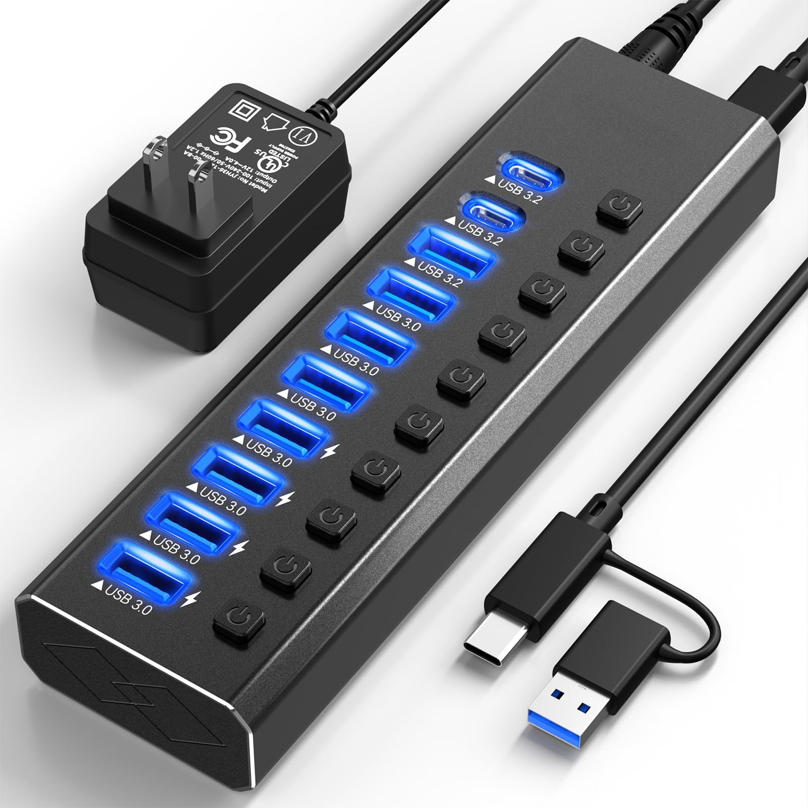 Powered USB Hub 3 2 10-Port USB 3 2 USB C Hub 10Gbps USB-A 3 2 2 USB-C