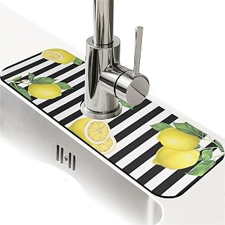 Kitchen Sink Splash Guard,Lemon-and stripes Faucet Mat Sink Gadgets-Super Absorbent Fast Drying Mat Drip Catcher for Kitchen, Bathroom,Sink Mat, Dish Drying Mat, Bathroom(15" X 5.5" )