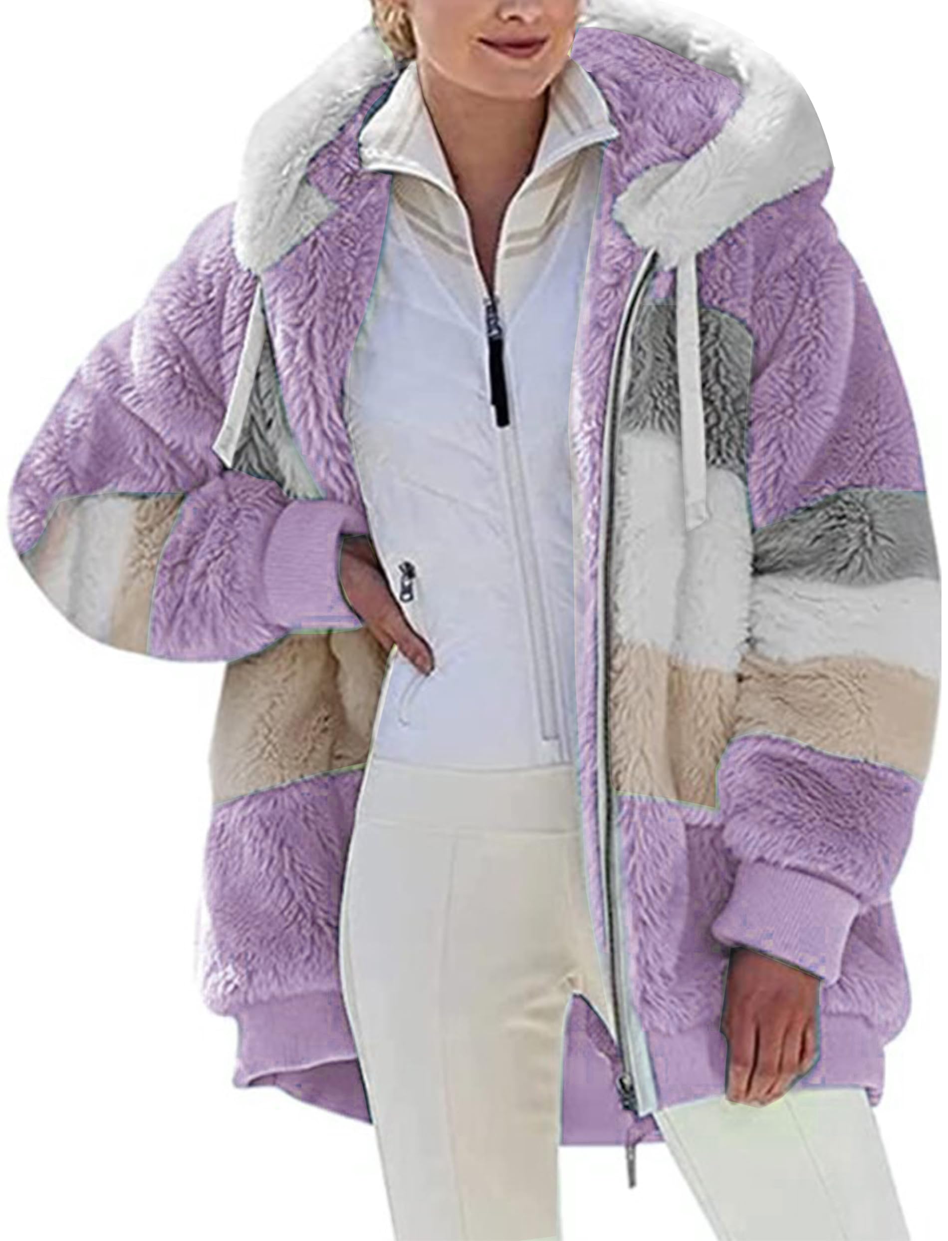 Livonmone Women's Purple Teddy Hoodies Fleece Jackets Winter Warm Coats Full Zip Stylish Fuzzy Sweatshirt Casual Jumper Outerwear With Pockets (, S)