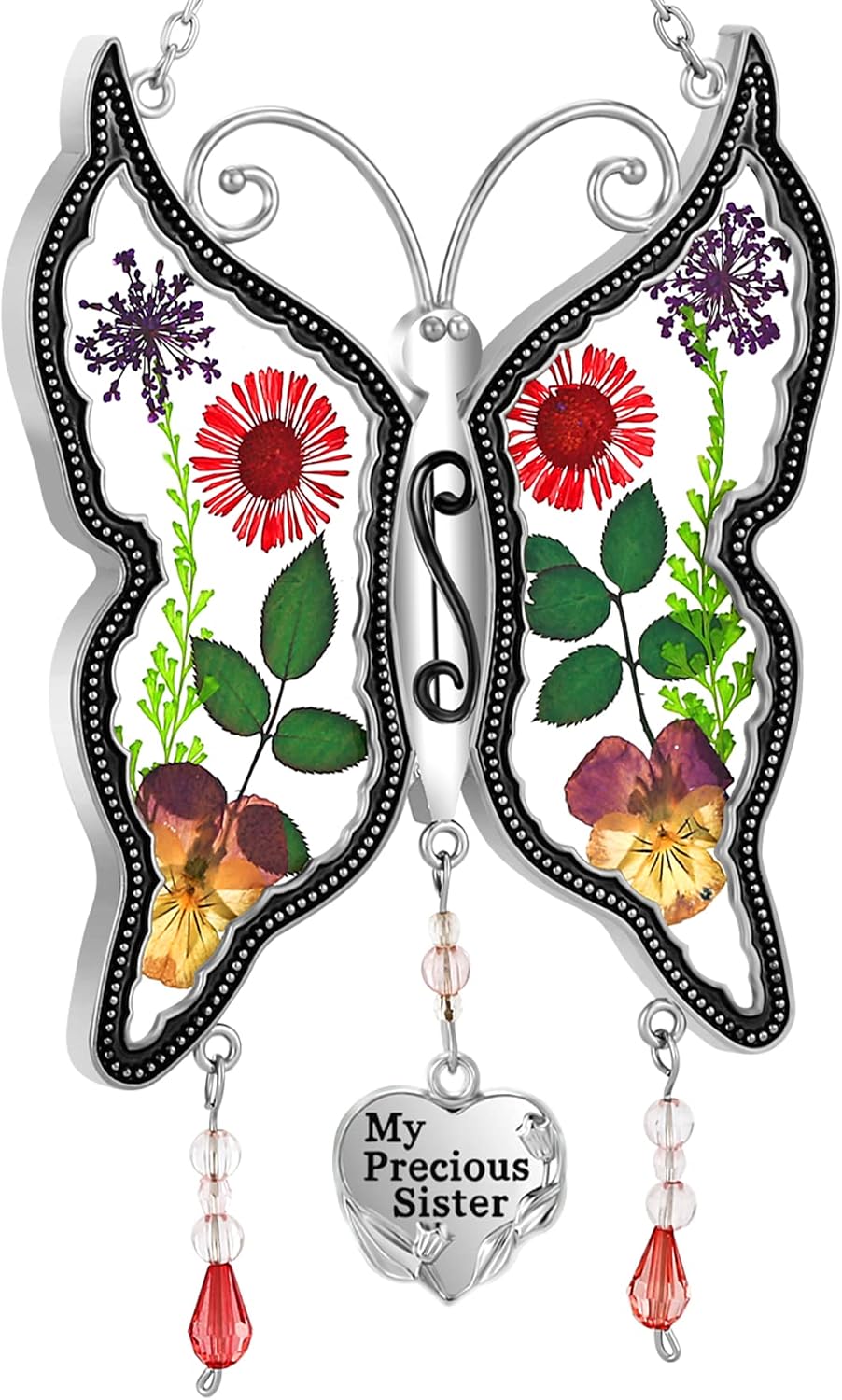 KY&BOSAM Butterfly Suncatcher My Precious Sister Stained Glass Butterfly Suncatchers Ornament hangings for Windows Wind Chime with Pressed Flower Butterfly Embedded in Glass Mother`s Day Birthday Gift