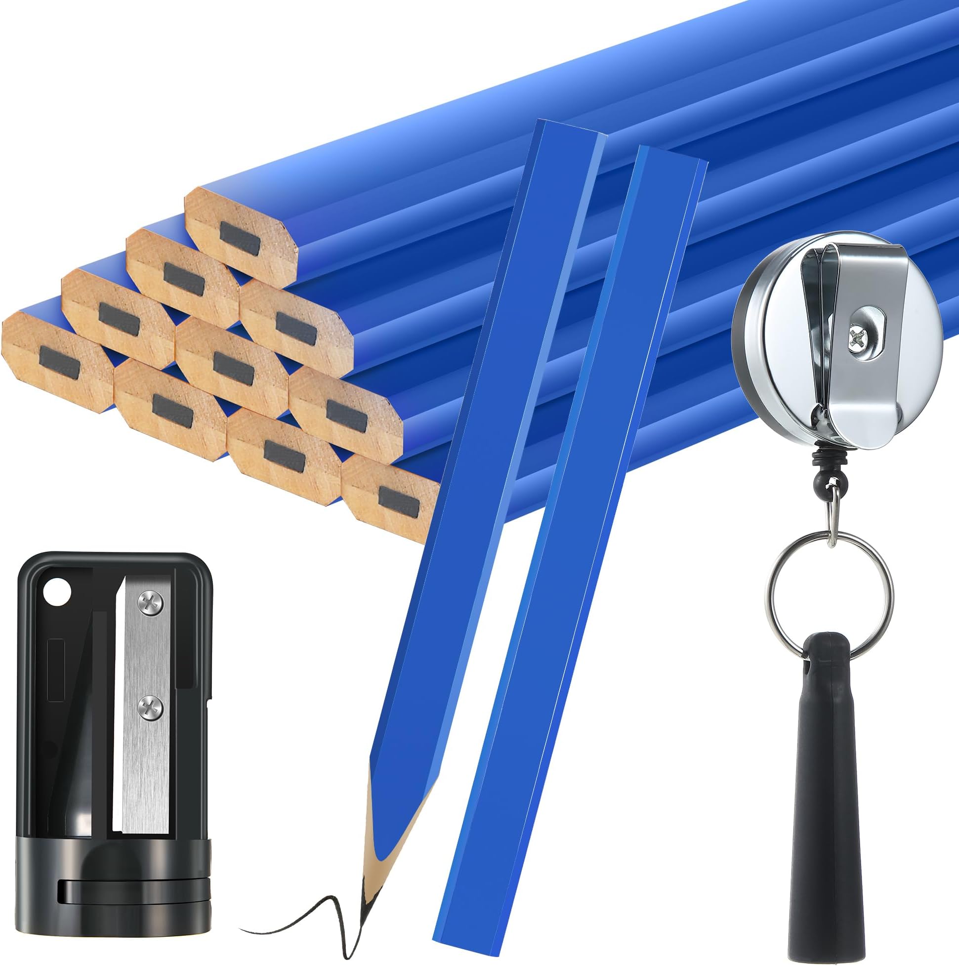 14 Pieces Carpenter Pencils, 7 Inches Flat Octagonal Hard Black Carpenter Marking Pencils with Pencil Sharpener and Silicone Heavy Duty Retractable Pen Holder for Woodworking Marking Tool
