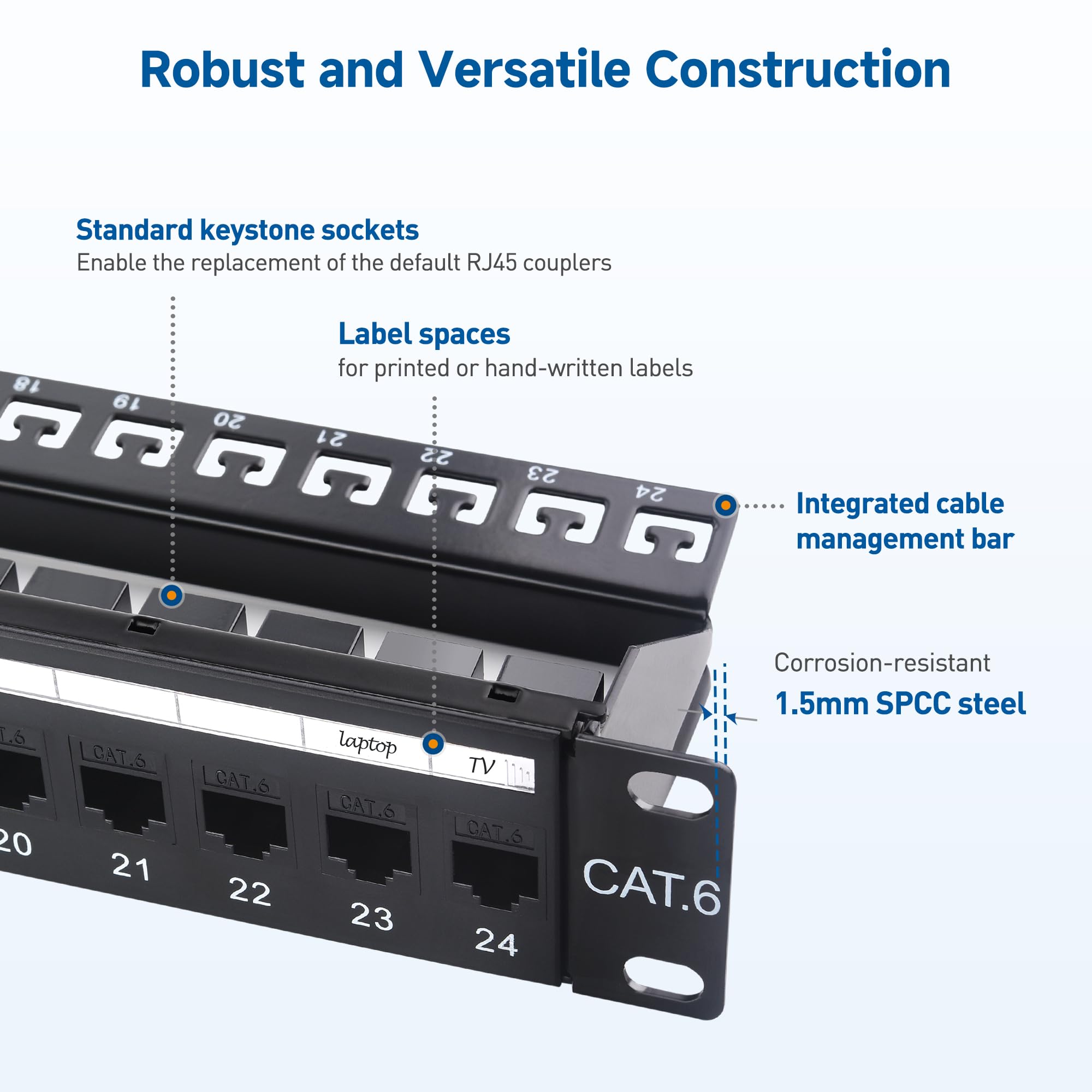 Cable Matters Pannello patch Ethernet Cat6 1U da 48,9 cm a 24 porte 10 Gbps con Keystone in linea e barra di gestione dei cavi, pannello patch di rete per montaggio a rack o a parete / Patch Panel