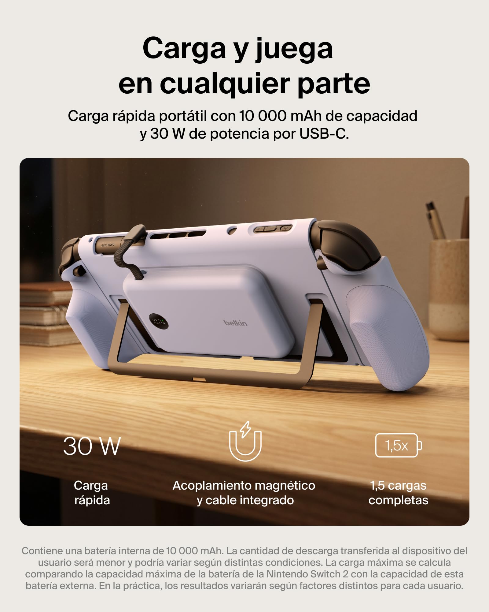 Belkin Gaming Agarres con Batería Externa 10000mAh para Switch 2 - Púrpura | Power Bank Magnético Extraíble 10000 mAh, 30W, Compatible con el Soporte, Empuñaduras Ergonómicas Antideslizantes y Pantalla